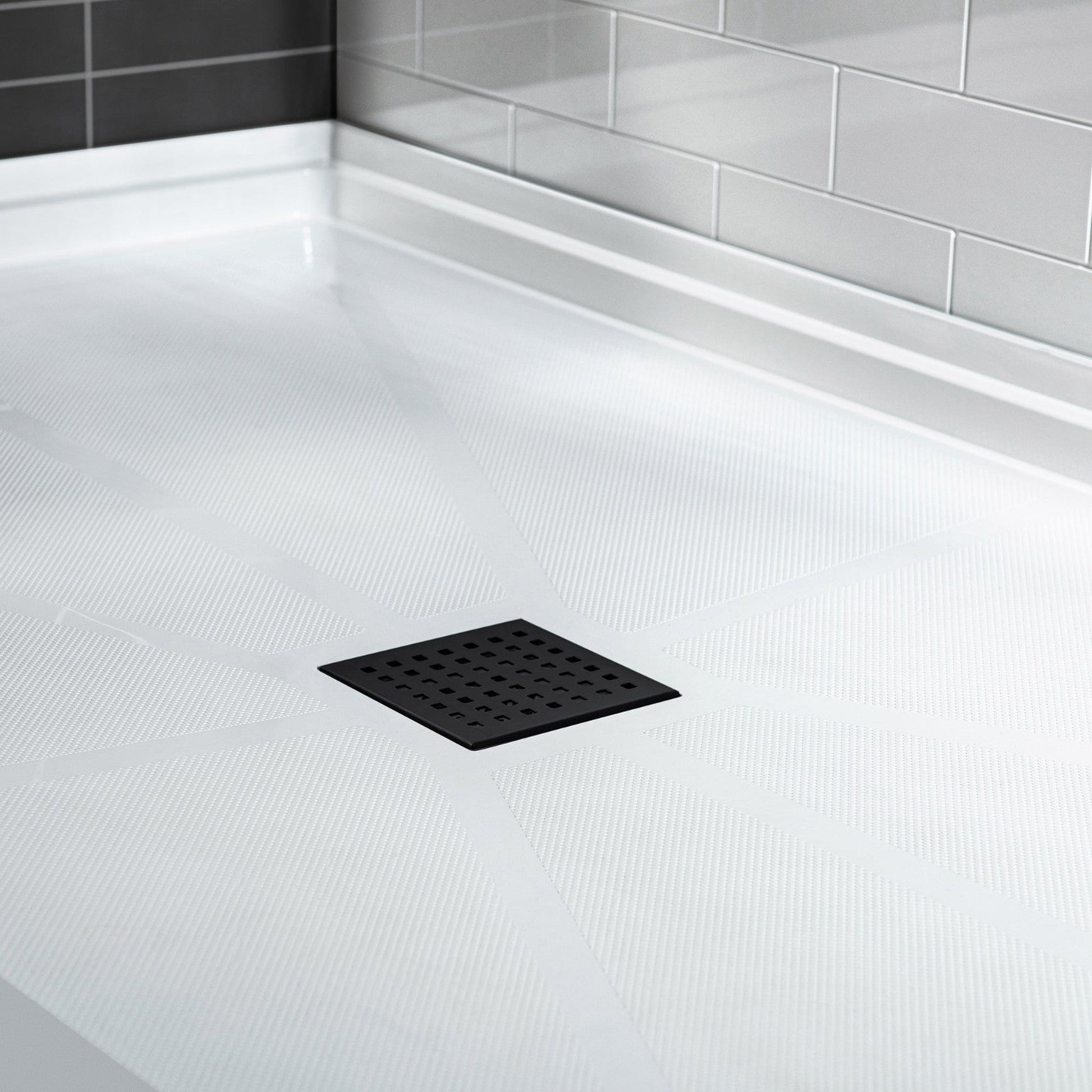 WoodBridge 60" x 30" White Solid Surface Shower Base Center Drain Location With Matte Black Trench Drain Cover