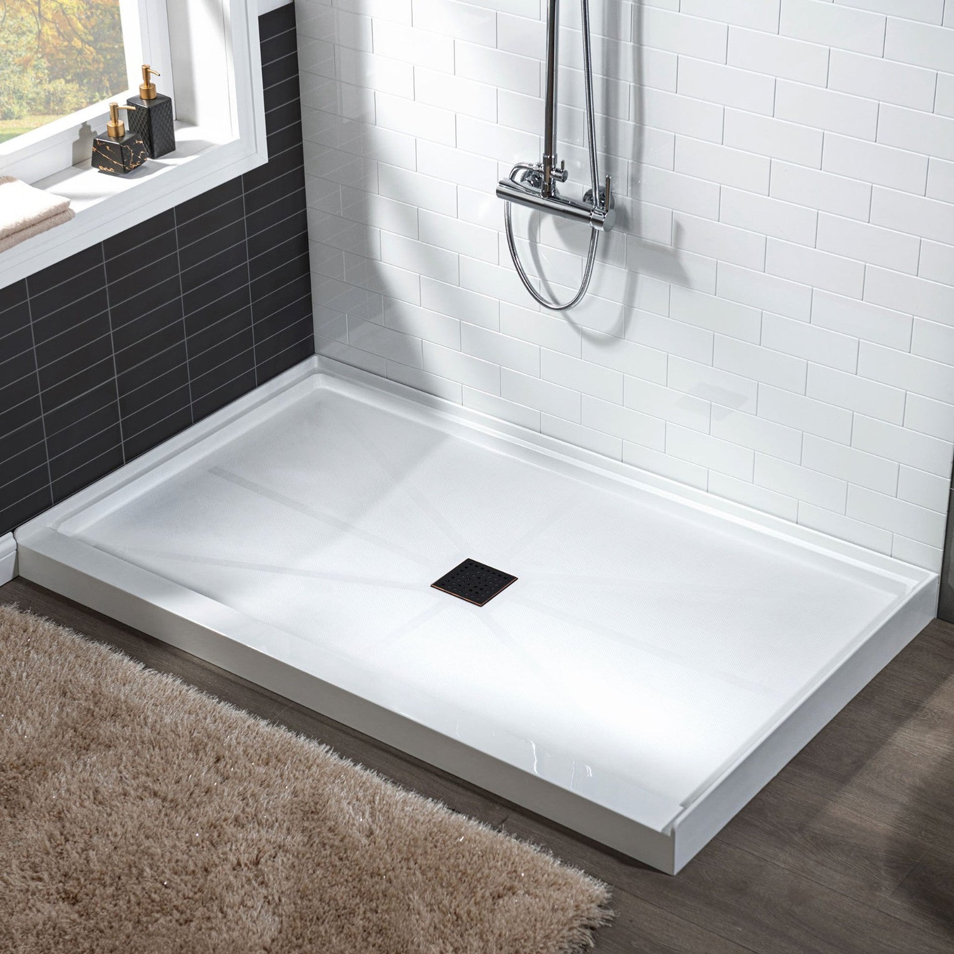 WoodBridge 60" x 30" White Solid Surface Shower Base Center Drain Location With Oil Rubbed Bronze Trench Drain Cover