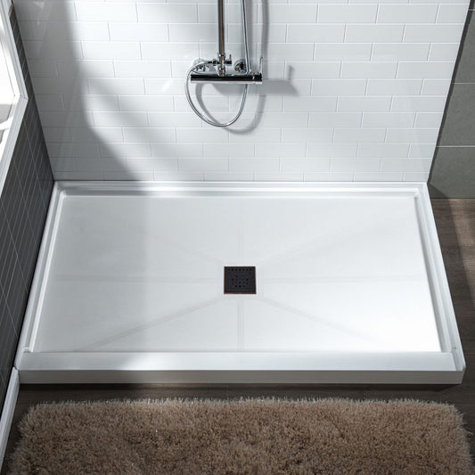 WoodBridge 60" x 30" White Solid Surface Shower Base Center Drain Location With Oil Rubbed Bronze Trench Drain Cover