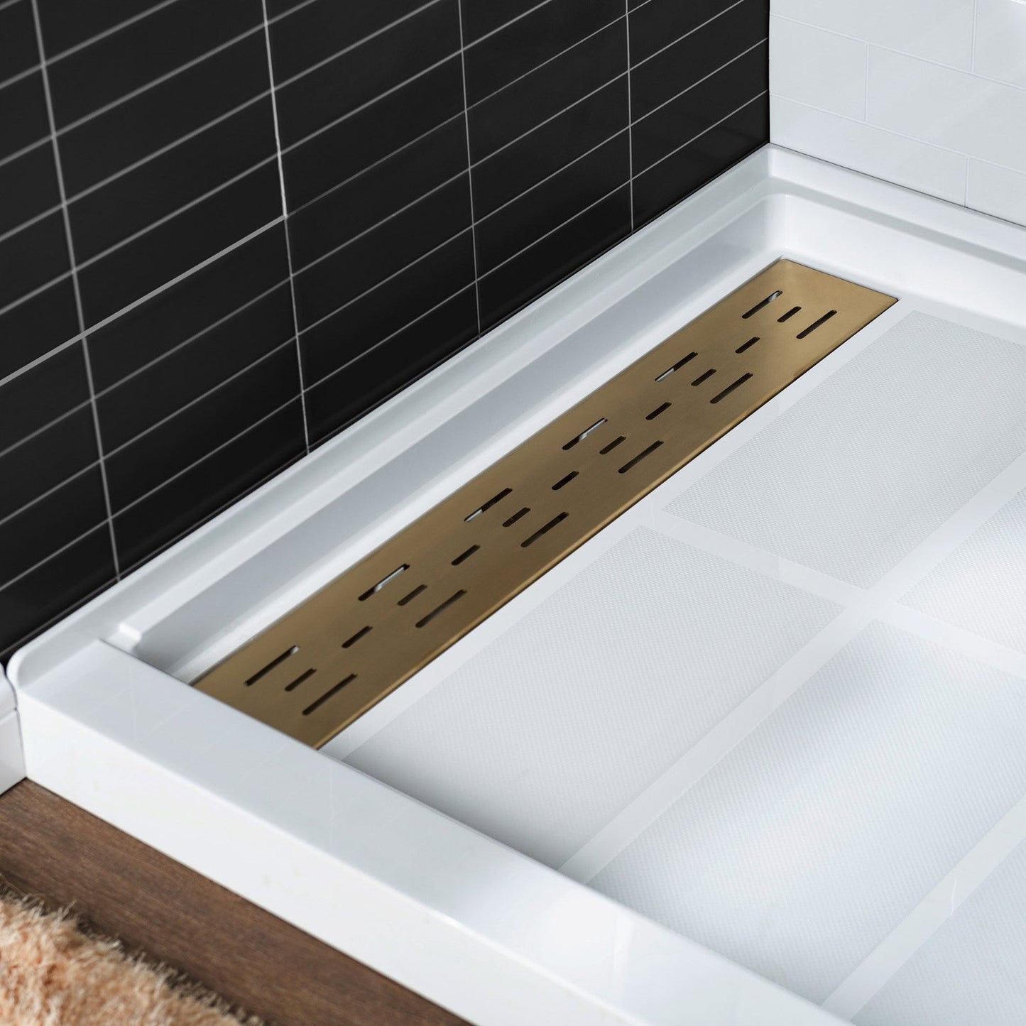 WoodBridge 60" x 30" White Solid Surface Shower Base Left Drain Location With Brushed Gold Trench Drain Cover