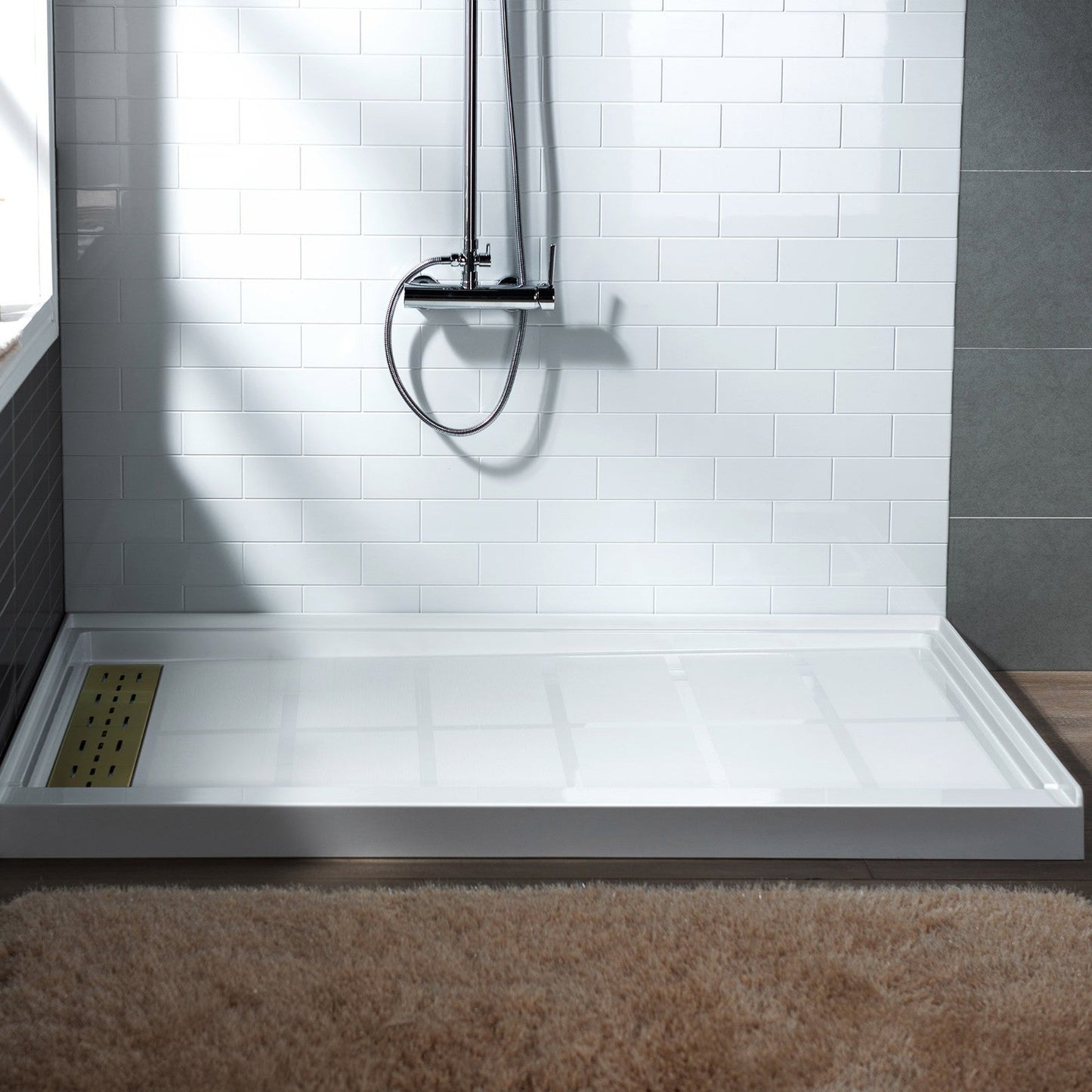 WoodBridge 60" x 30" White Solid Surface Shower Base Left Drain Location With Brushed Gold Trench Drain Cover