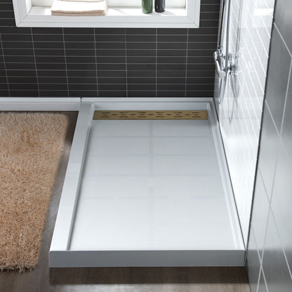 WoodBridge 60" x 30" White Solid Surface Shower Base Left Drain Location With Brushed Gold Trench Drain Cover