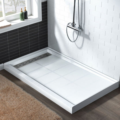WoodBridge 60" x 30" White Solid Surface Shower Base Left Drain Location With Brushed Nickel Trench Drain Cover