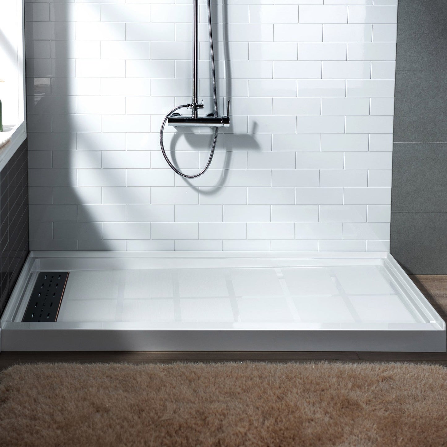 WoodBridge 60" x 30" White Solid Surface Shower Base Left Drain Location With Oil Rubbed Bronze Trench Drain Cover