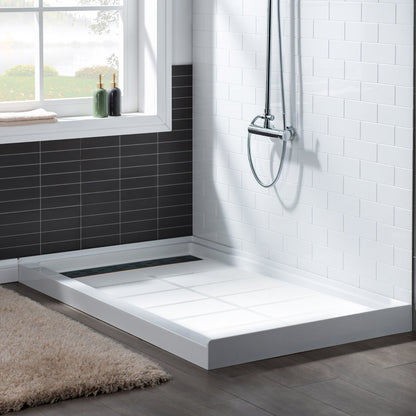 WoodBridge 60" x 30" White Solid Surface Shower Base Left Drain Location With Oil Rubbed Bronze Trench Drain Cover
