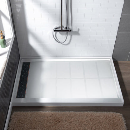 WoodBridge 60" x 30" White Solid Surface Shower Base Left Drain Location With Oil Rubbed Bronze Trench Drain Cover