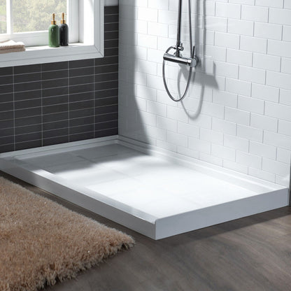 WoodBridge 60" x 30" White Solid Surface Shower Base Right Drain Location With Brushed Nickel Trench Drain Cover
