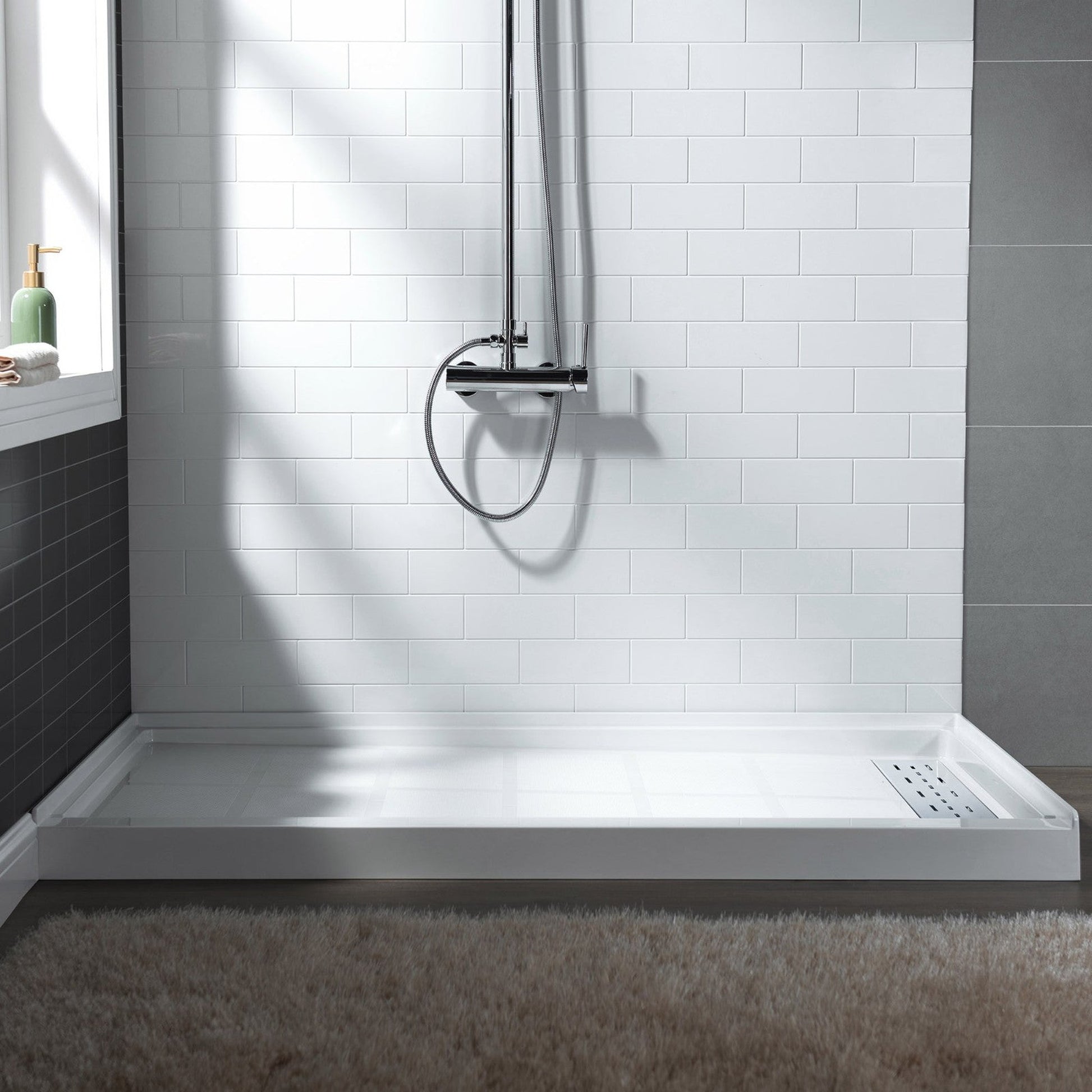 WoodBridge 60" x 30" White Solid Surface Shower Base Right Drain Location With Chrome Trench Drain Cover