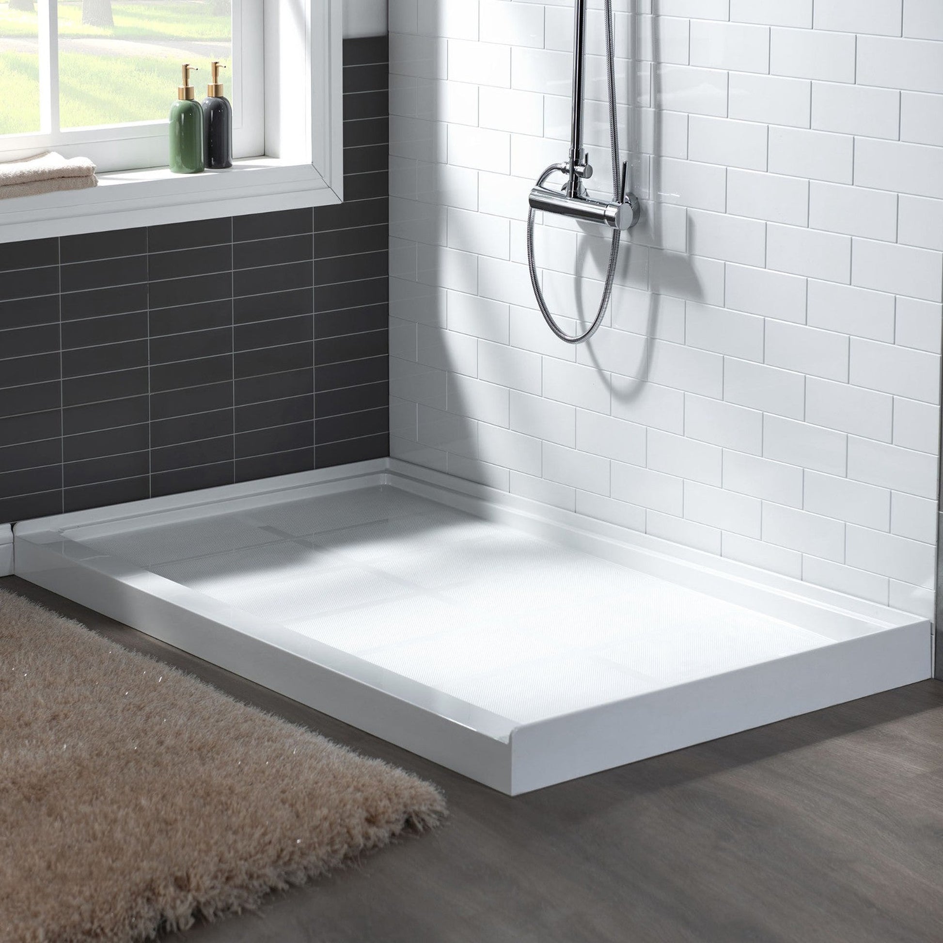 WoodBridge 60" x 30" White Solid Surface Shower Base Right Drain Location With Chrome Trench Drain Cover