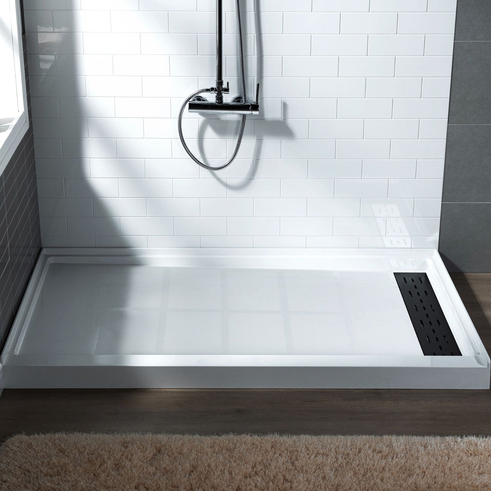 WoodBridge 60" x 30" White Solid Surface Shower Base Right Drain Location With Matte Black Trench Drain Cover