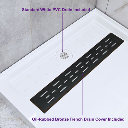 WoodBridge 60" x 30" White Solid Surface Shower Base Right Drain Location With Oil Rubbed Bronze Trench Drain Cover