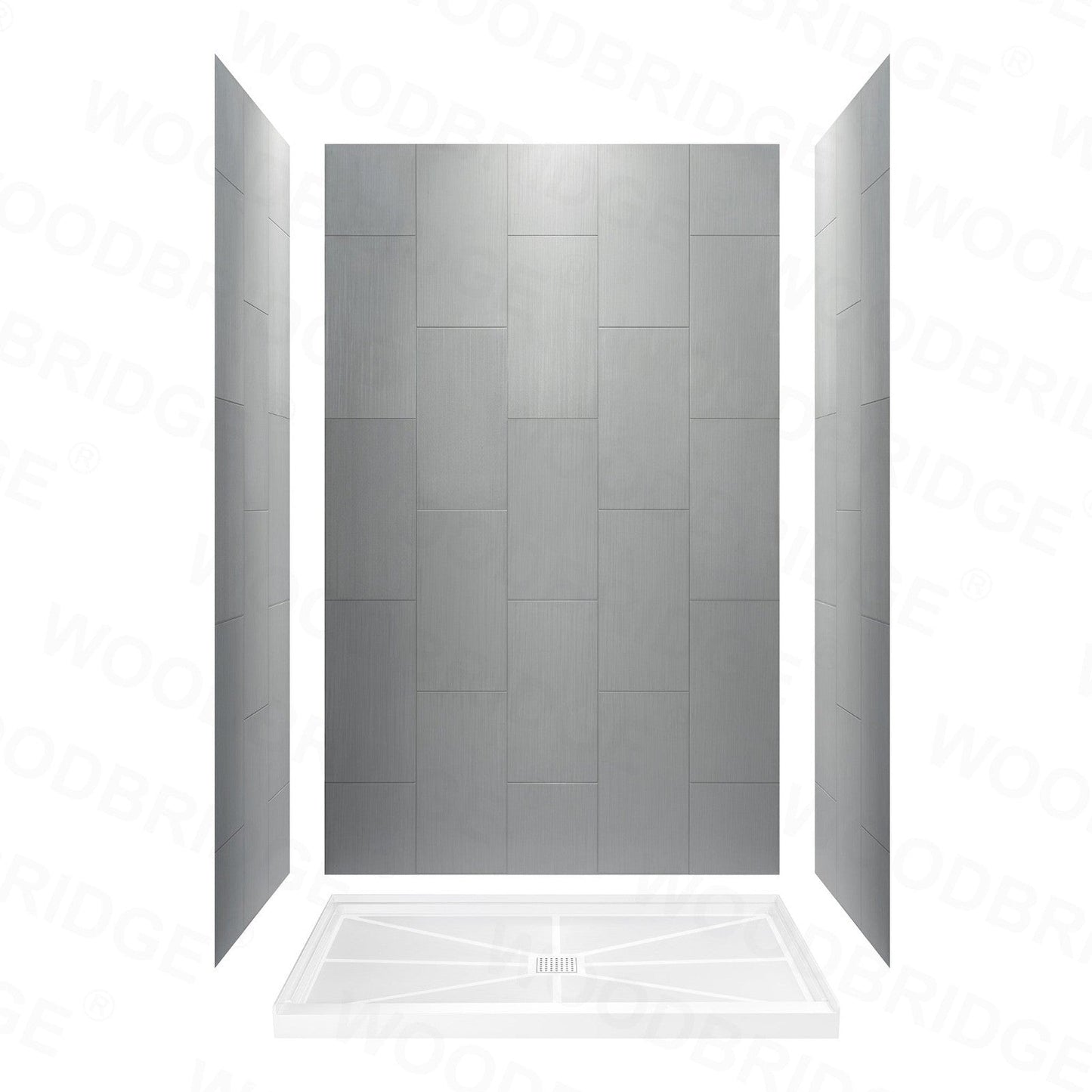 WoodBridge 60" x 32" Black Solid Tileable Integrated Center PVC Drain Shower Base With SDD6076-MBL Matte Black Hardware Shower Door and SWP603696-2-SU-H Matte Gray Vertical Pattern 3-Panel Shower Wall Kit