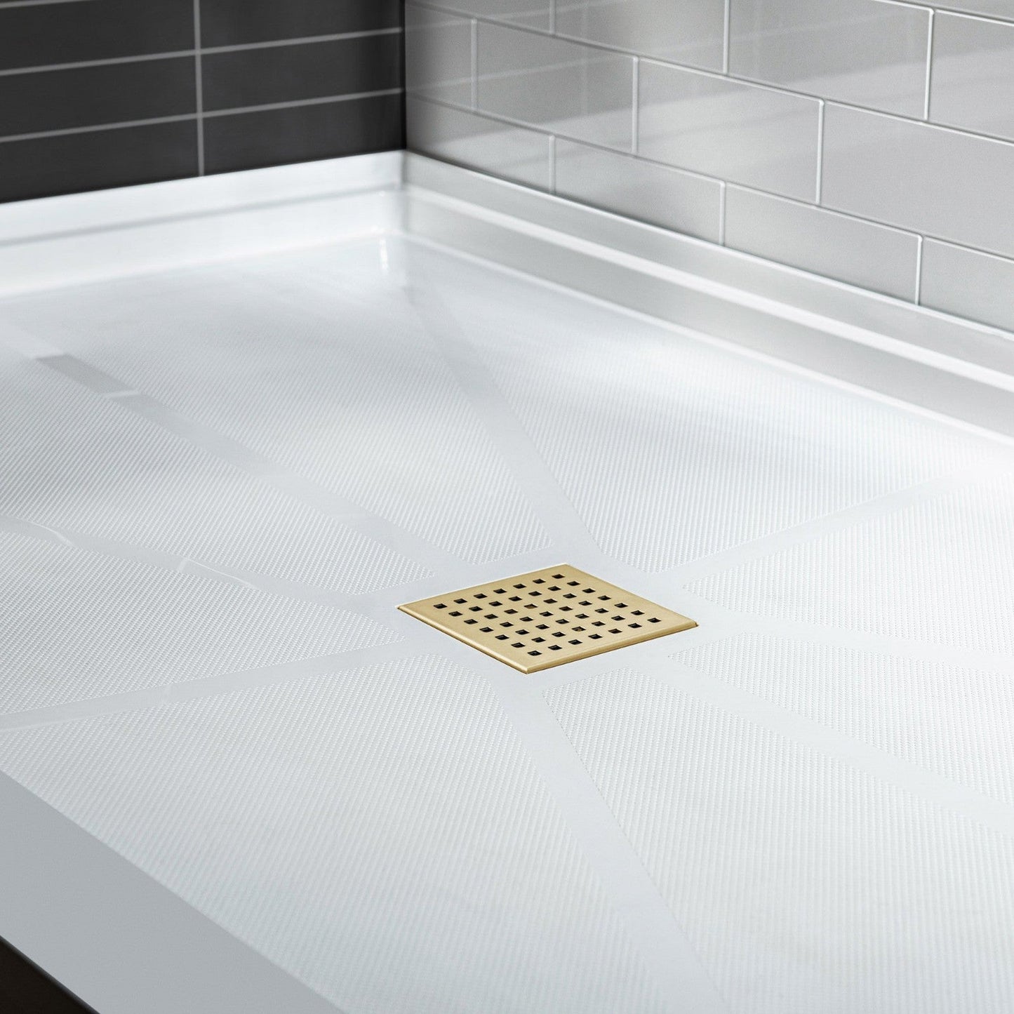 WoodBridge 60" x 32" White Solid Surface Center Drain Location Brushed Gold Trench Cover Shower Base With MBSDC6062-BG Frameless Shower Door and SWP603296-1-SU-H White High Gloss Vertical Pattern 3-Panel Shower Wall Kit