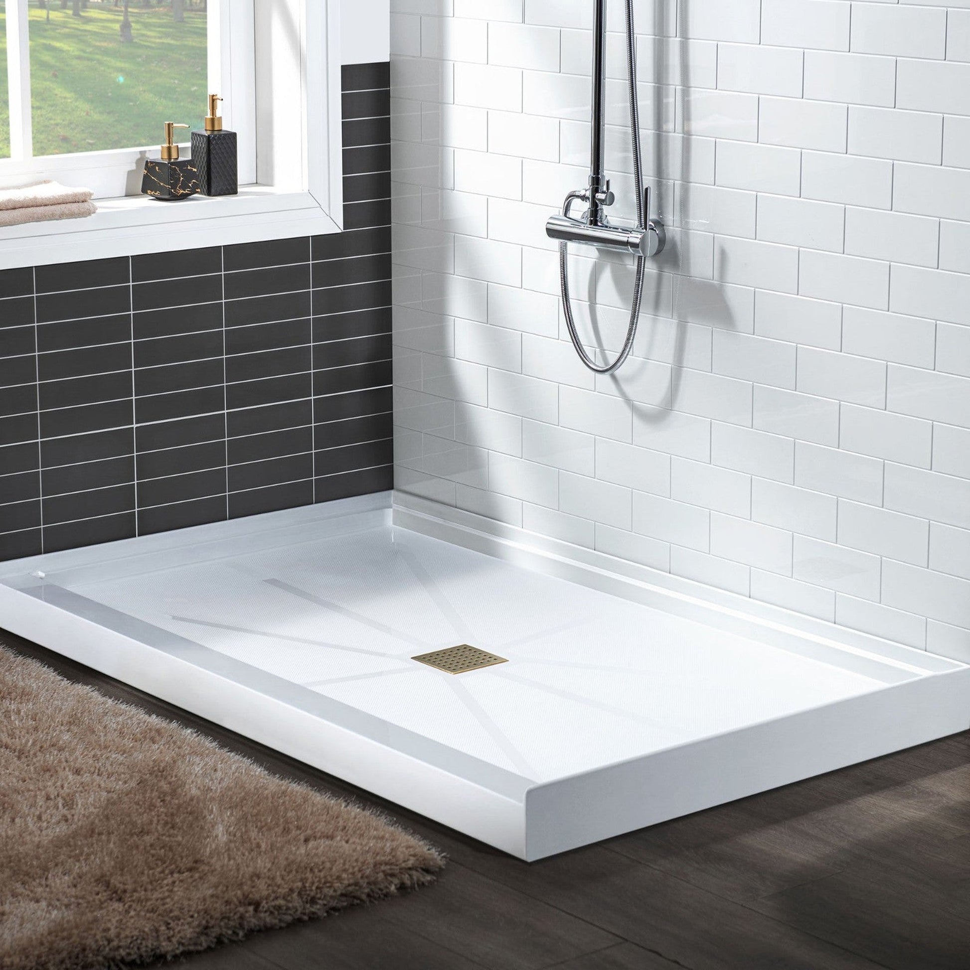 WoodBridge 60" x 32" White Solid Surface Center Drain Location Brushed Gold Trench Cover Shower Base With MBSDC6062-BG Frameless Shower Door and SWP603296-2-SU-H Matte Gray Vertical Pattern 3-Panel Shower Wall Kit