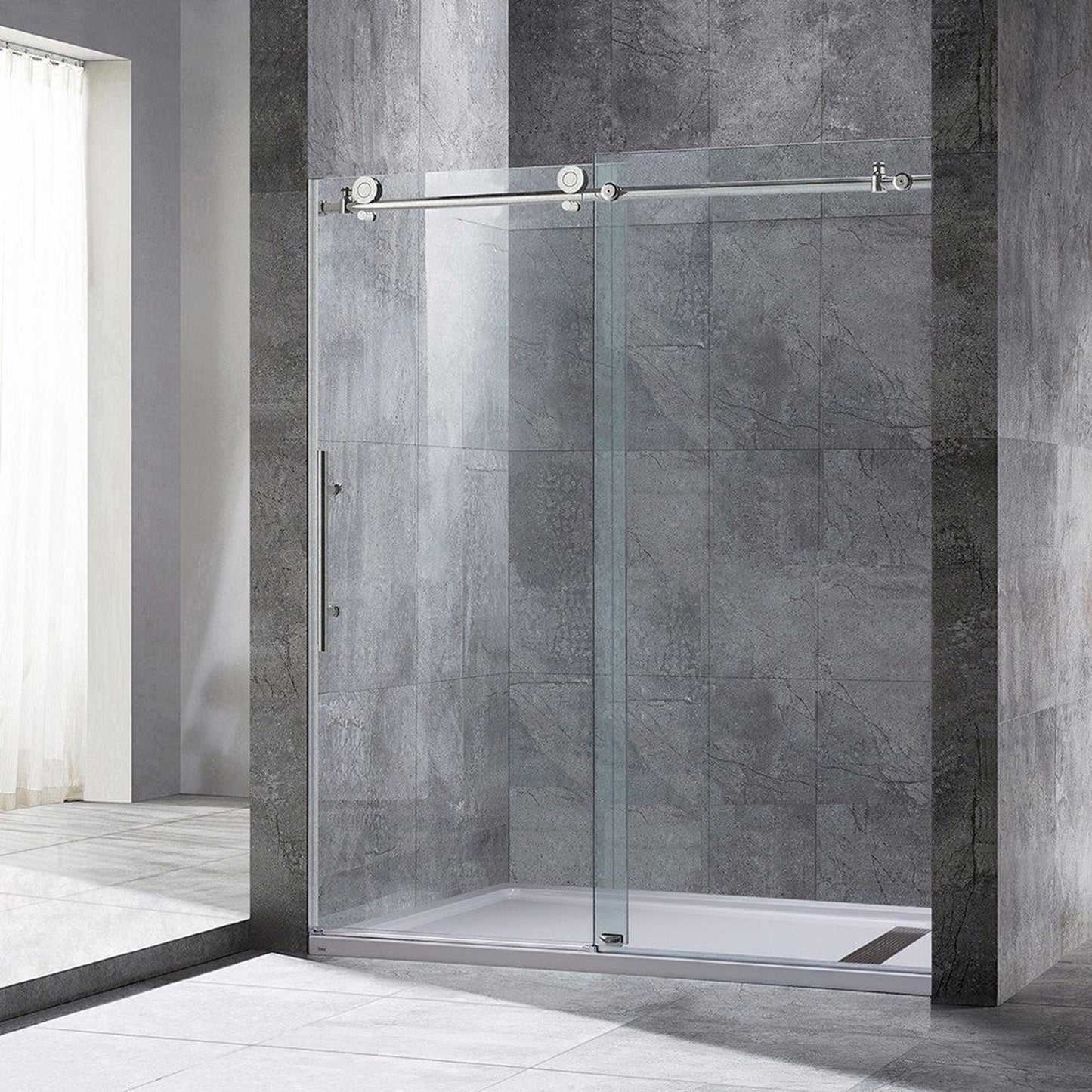 WoodBridge 60" x 32" White Solid Surface Center Drain Location Brushed Nickel Trench Cover Shower Base With MBSDC6076-B Frameless Shower Door and SWP603696-2-SU-H Matte Gray Vertical Pattern 3-Panel Shower Wall Kit
