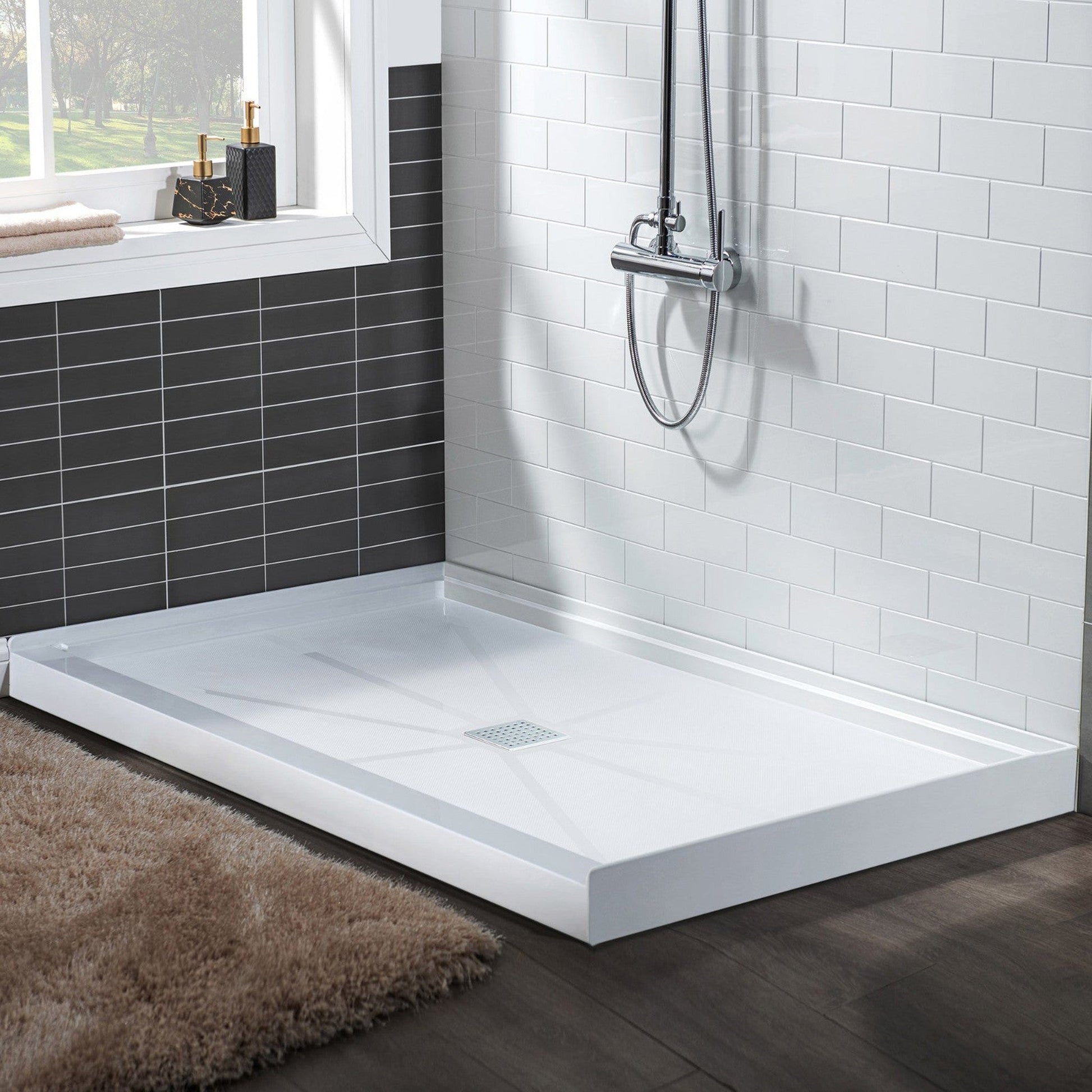 WoodBridge 60" x 32" White Solid Surface Center Drain Location Chrome Trench Cover Shower Base With SDD6076-C 2-Way Opening and Double Sliding Frameless Shower Door and SWP603696-3-SB-M Matte White Vertical Pattern 3-Panel Shower Wall Kit