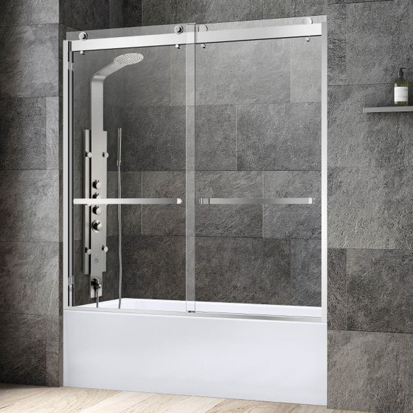 WoodBridge 60" x 32" White Solid Surface Center Drain Location Chrome Trench Drain Cover Shower Base With SDD6062-C Double Sliding Frameless Shower Door and SWP603696-2-SU-H Matte Gray Vertical Pattern 3-Panel Shower Wall Kit