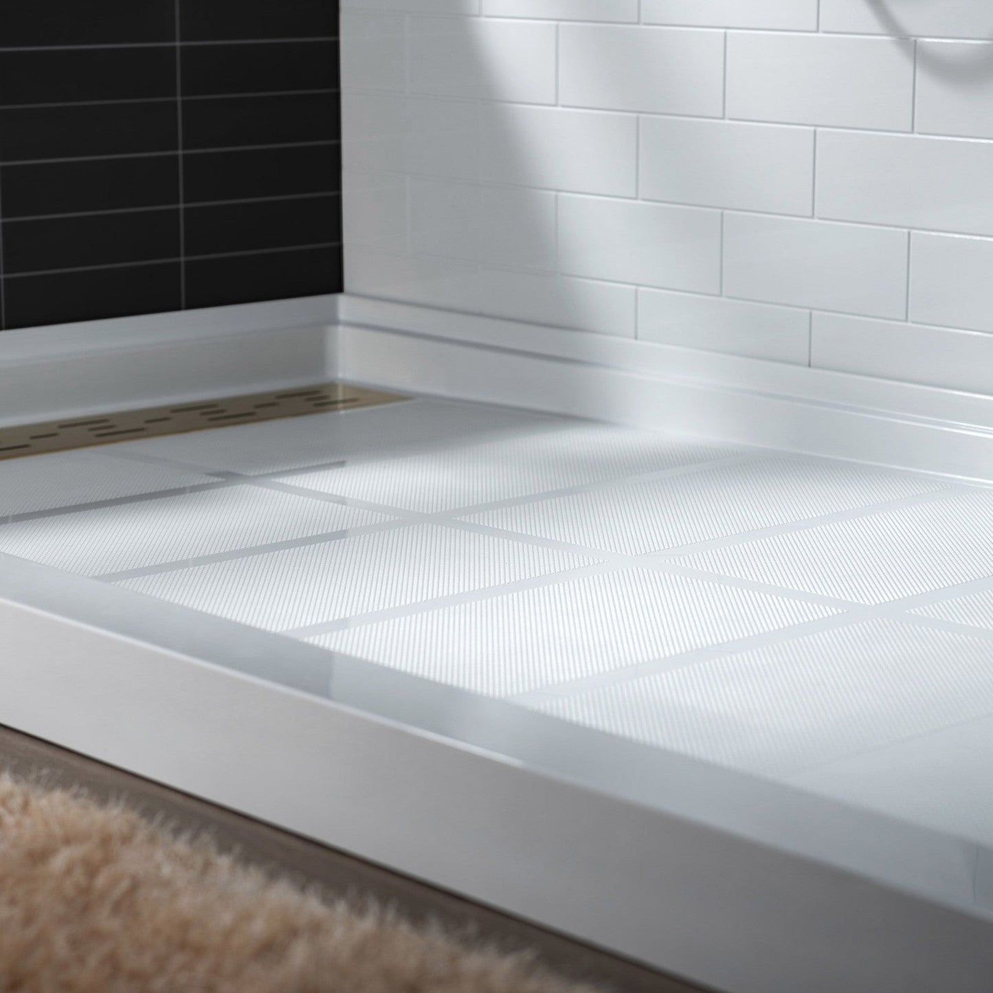 WoodBridge 60" x 32" White Solid Surface Left Drain Location Brushed Gold Trench Cover Shower Base With MBSDC6076-BG Frameless Shower Door and SWP603296-3-SB-M Matte White Vertical Pattern 3-Panel Shower Wall Kit