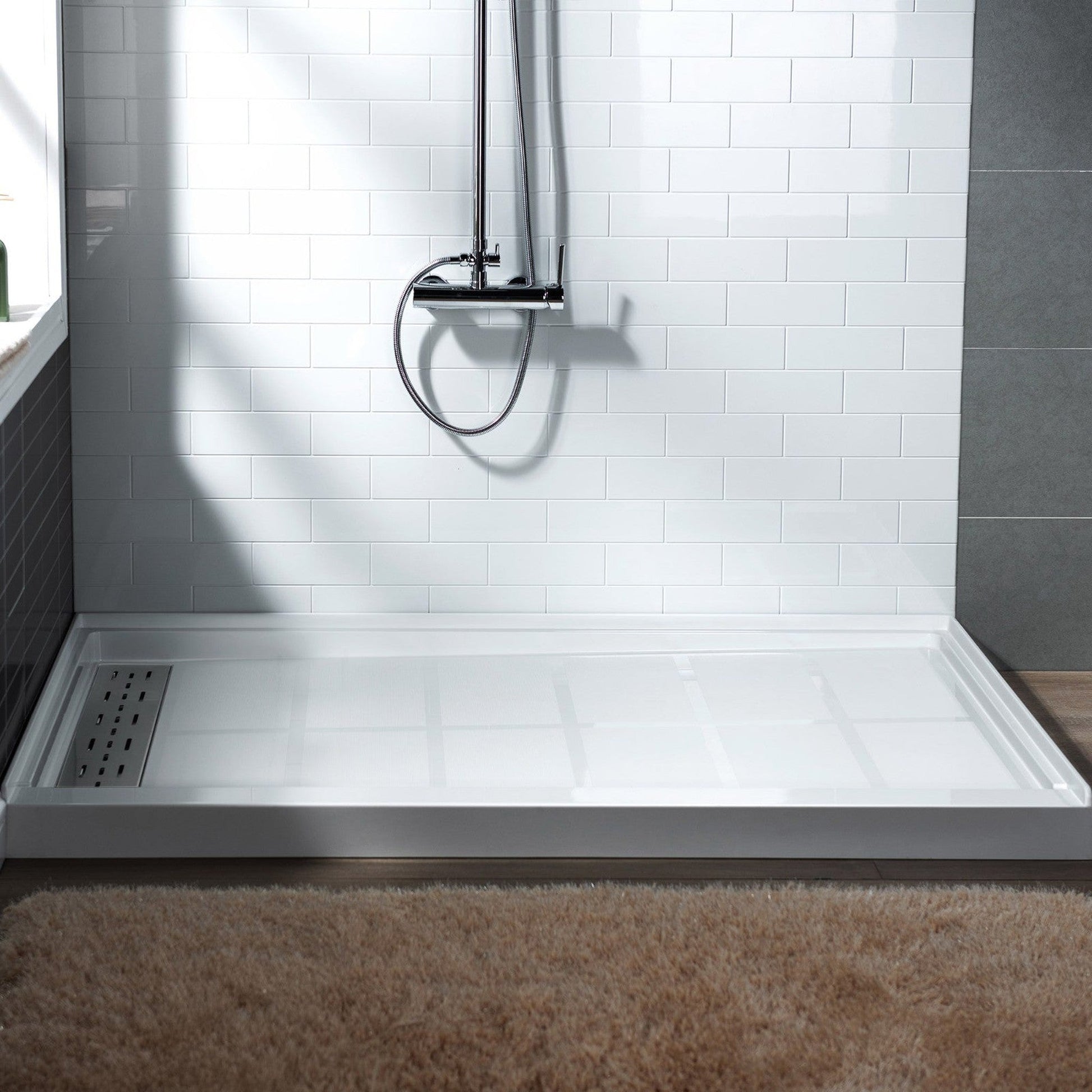 WoodBridge 60" x 32" White Solid Surface Left Drain Location Brushed Nickel Trench Cover Shower Base With MBSDC6062-BN Frameless Shower Door and SWP603296-3-SB-M Matte White Vertical Pattern 3-Panel Shower Wall Kit