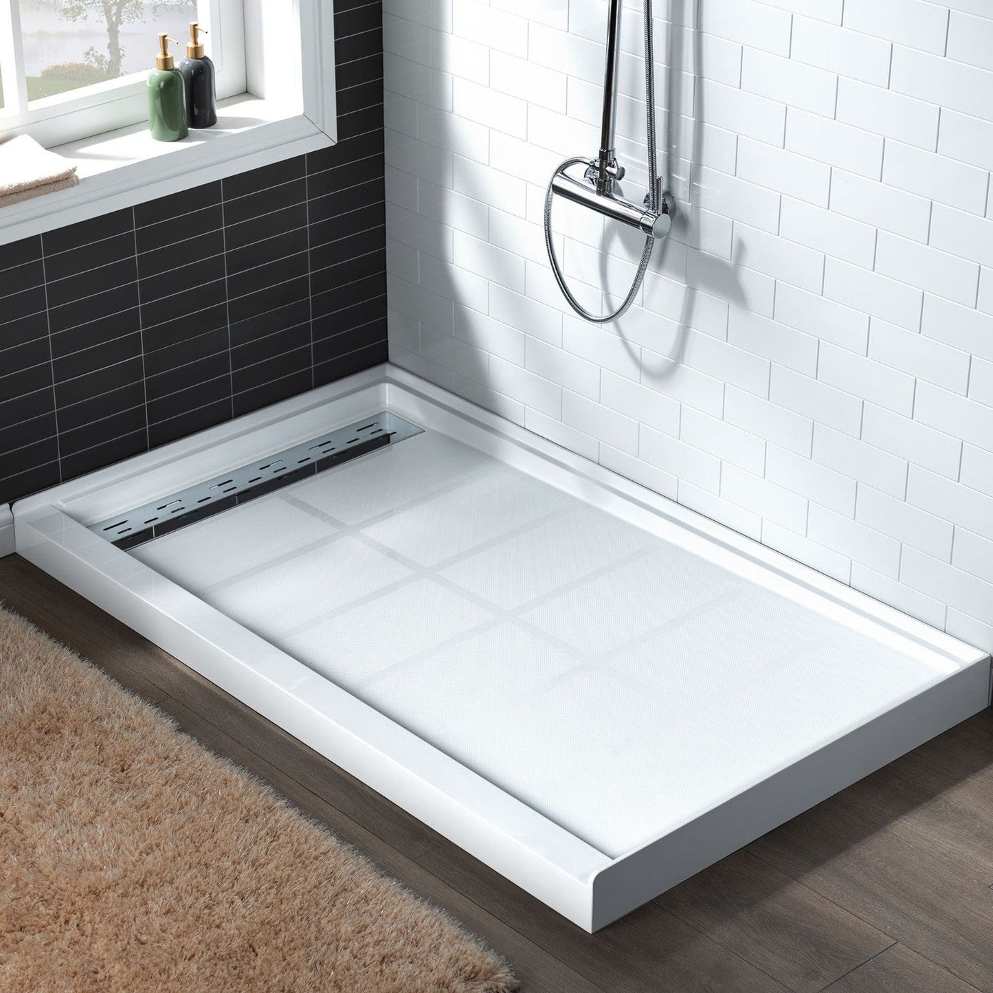 WoodBridge 60" x 32" White Solid Surface Left Drain Location Chrome Trench Cover Shower Base With SDD6062-C Double Sliding Frameless Shower Door and SWP603296-2-SU-H Matte Gray Vertical Pattern 3-Panel Shower Wall Kit