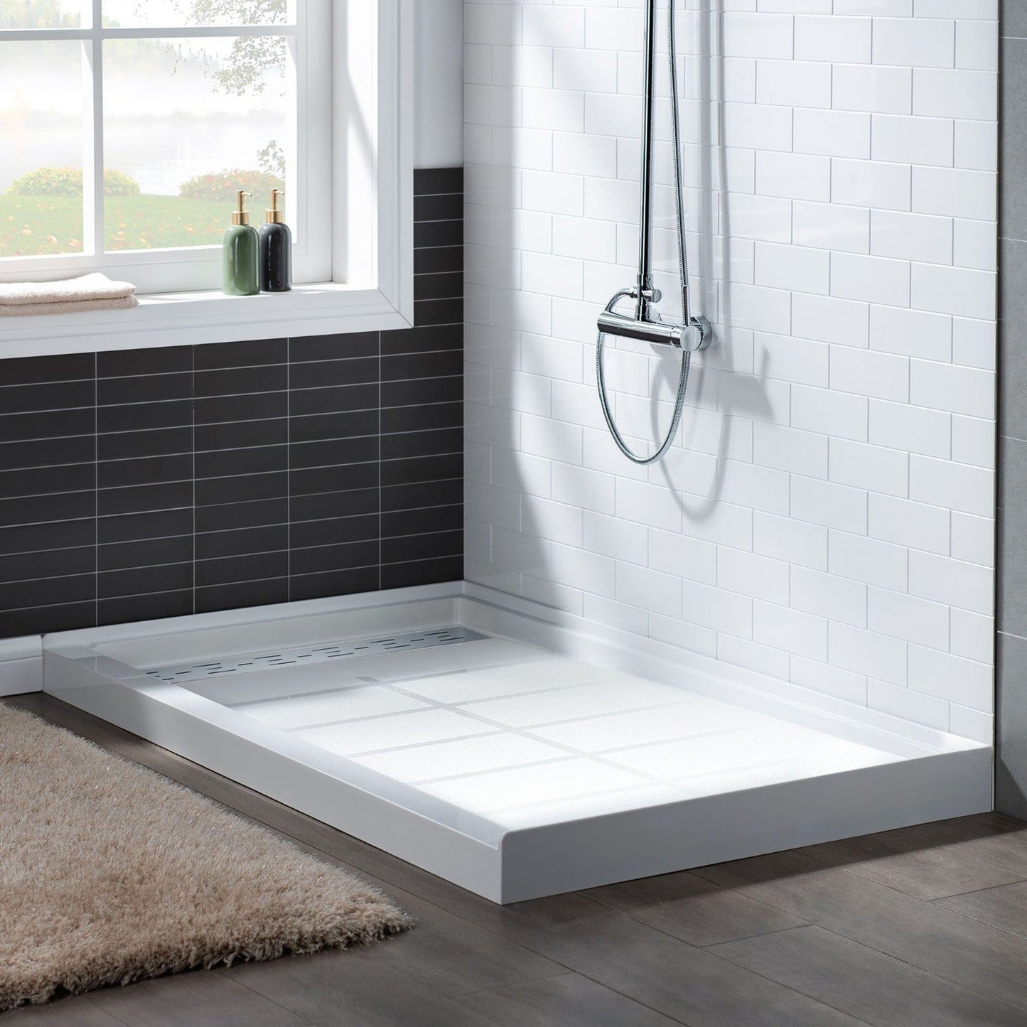 WoodBridge 60" x 32" White Solid Surface Left Drain Location Chrome Trench Cover Shower Base With SDD6062-C Double Sliding Frameless Shower Door and SWP603296-2-SU-H Matte Gray Vertical Pattern 3-Panel Shower Wall Kit