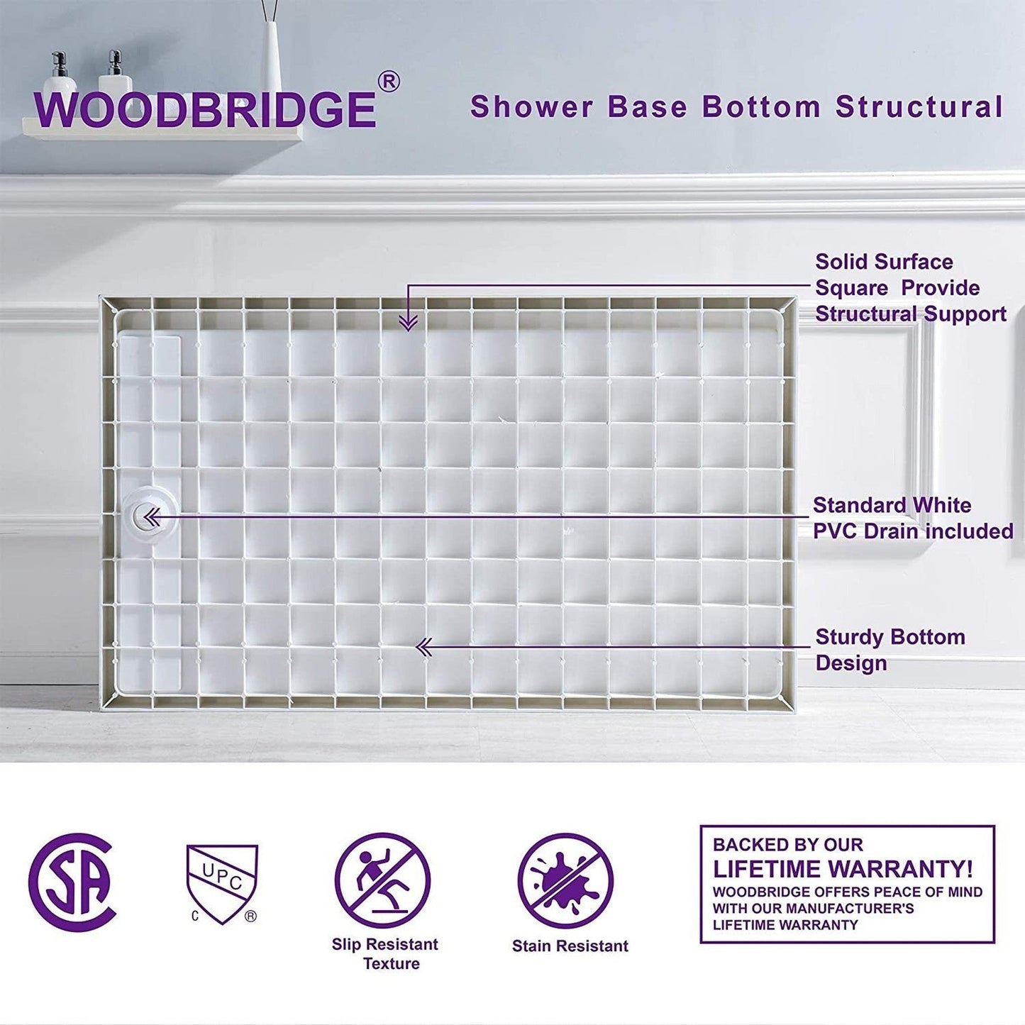 WoodBridge 60" x 32" White Solid Surface Left Drain Location Chrome Trench Cover Shower Base With SDD6076-C Double Sliding Frameless Shower Door and SWP603296-2-SU-H Matte Gray Vertical Pattern 3-Panel Shower Wall Kit