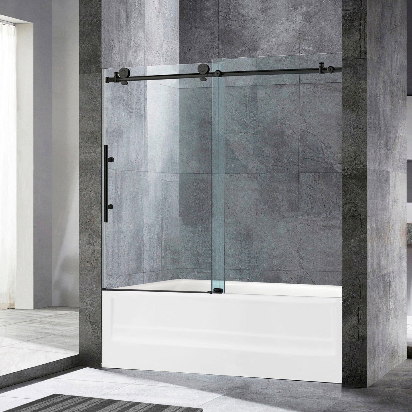 WoodBridge 60" x 32" White Solid Surface Left Drain Location Matte Black Trench Cover Shower Base With MSDC6062-MBL Frameless Shower Door and SWP603296-2-SU-H Matte Gray Vertical Pattern 3-Panel Shower Wall Kit