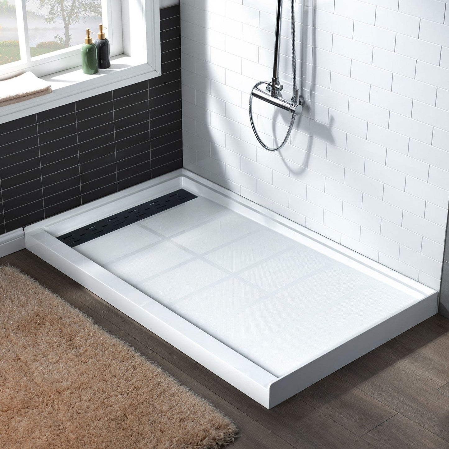 WoodBridge 60" x 32" White Solid Surface Left Drain Location Matte Black Trench Cover Shower Base With MSDC6062-MBL Frameless Shower Door and SWP603296-2-SU-H Matte Gray Vertical Pattern 3-Panel Shower Wall Kit