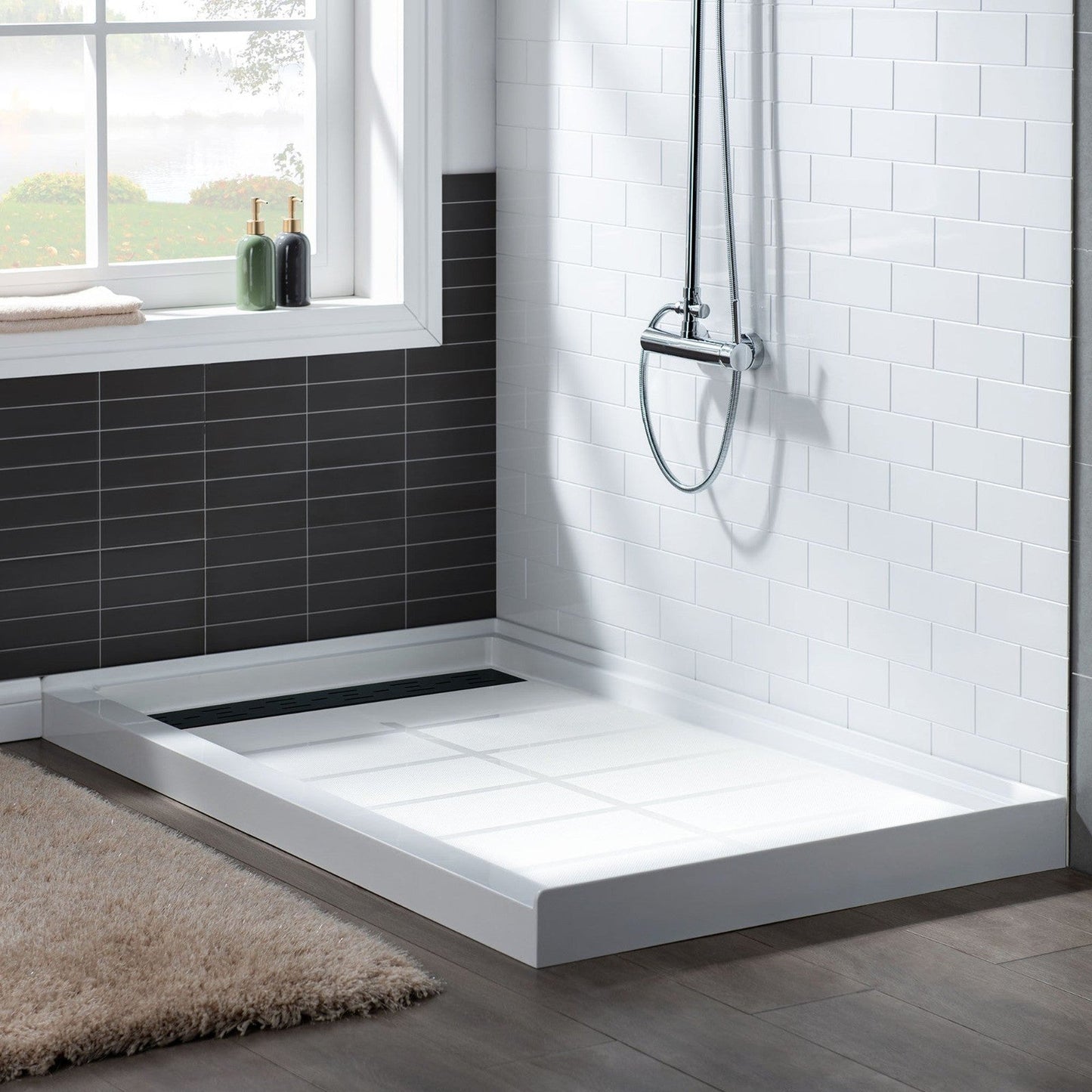 WoodBridge 60" x 32" White Solid Surface Left Drain Location Matte Black Trench Cover Shower Base With MSDC6062-MBL Frameless Shower Door and SWP603296-2-SU-H Matte Gray Vertical Pattern 3-Panel Shower Wall Kit