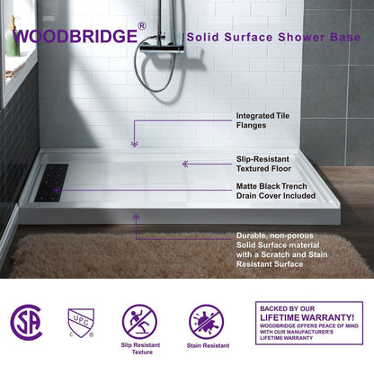 WoodBridge 60" x 32" White Solid Surface Left Drain Location Matte Black Trench Cover Shower Base With MSDC6062-MBL Frameless Shower Door and SWP603296-2-SU-H Matte Gray Vertical Pattern 3-Panel Shower Wall Kit