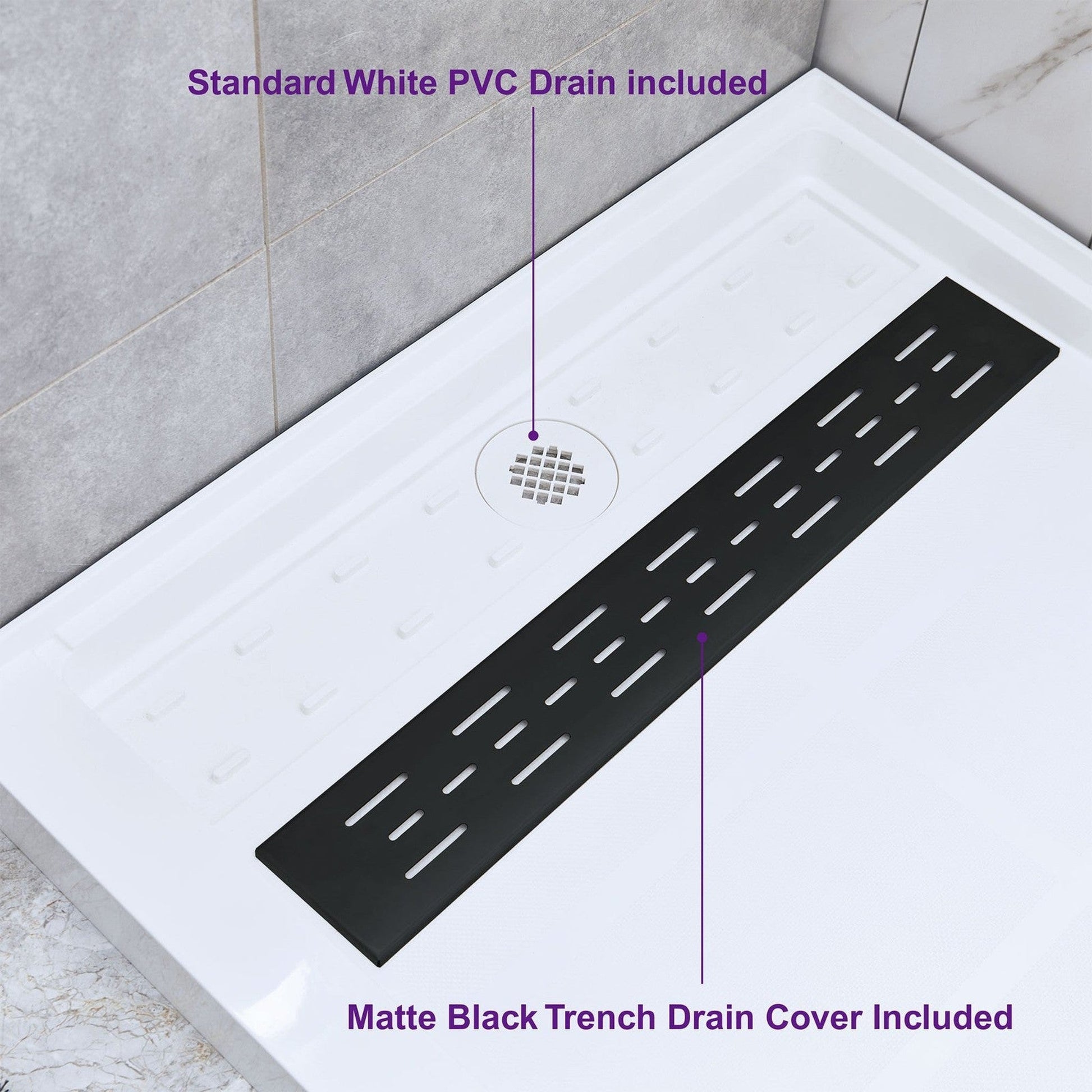 WoodBridge 60" x 32" White Solid Surface Left Drain Location Matte Black Trench Cover Shower Base With MSDC6062-MBL Frameless Shower Door and SWP603296-2-SU-H Matte Gray Vertical Pattern 3-Panel Shower Wall Kit