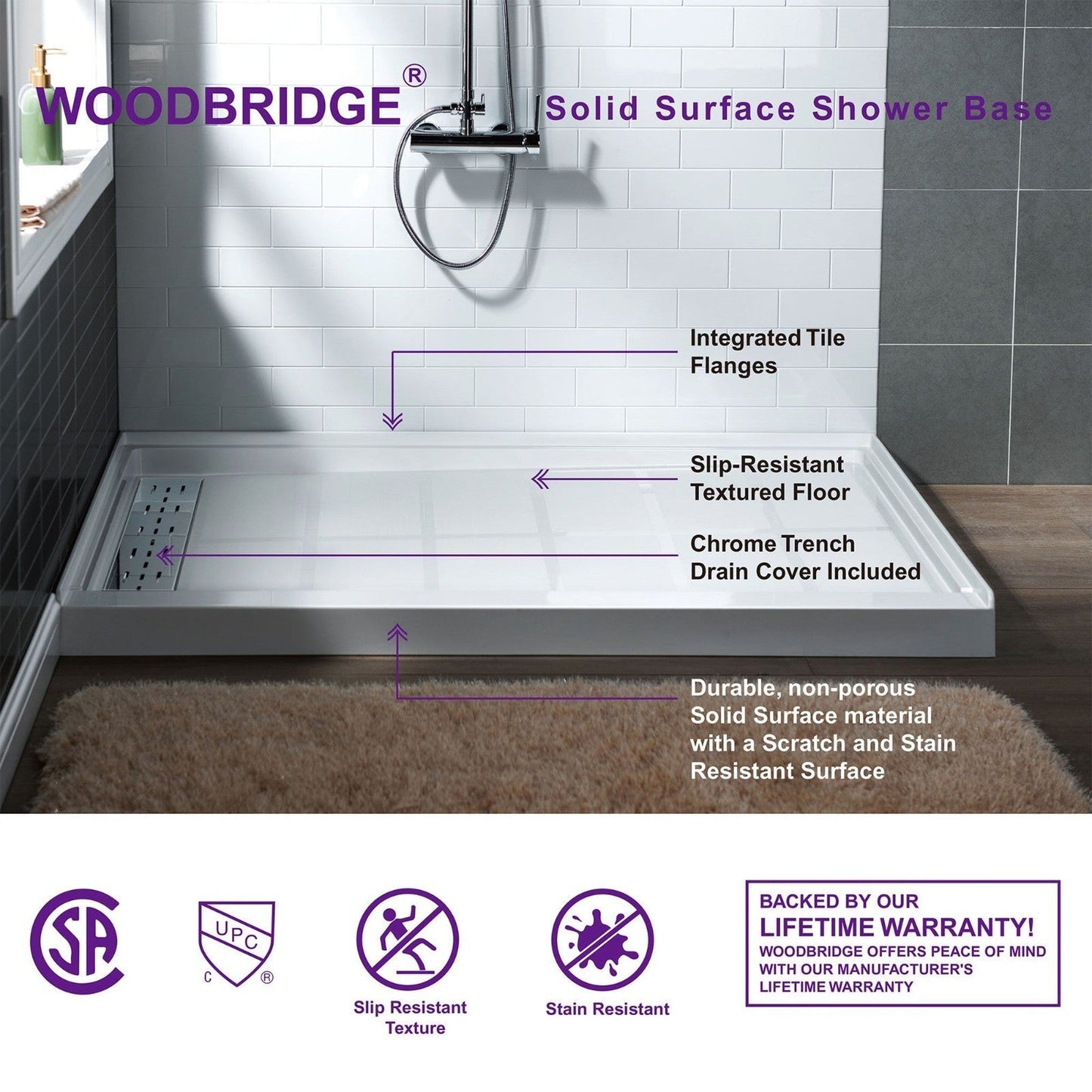 WoodBridge 60" x 32" White Solid Surface Left Drain Location Shower Base Chrome Trench Cover With SDD6076-C 2-Way Opening and Double Sliding Frameless Shower Door and SWP603296-3-SB-M Matte White Vertical Pattern 3-Panel Shower Wall Kit