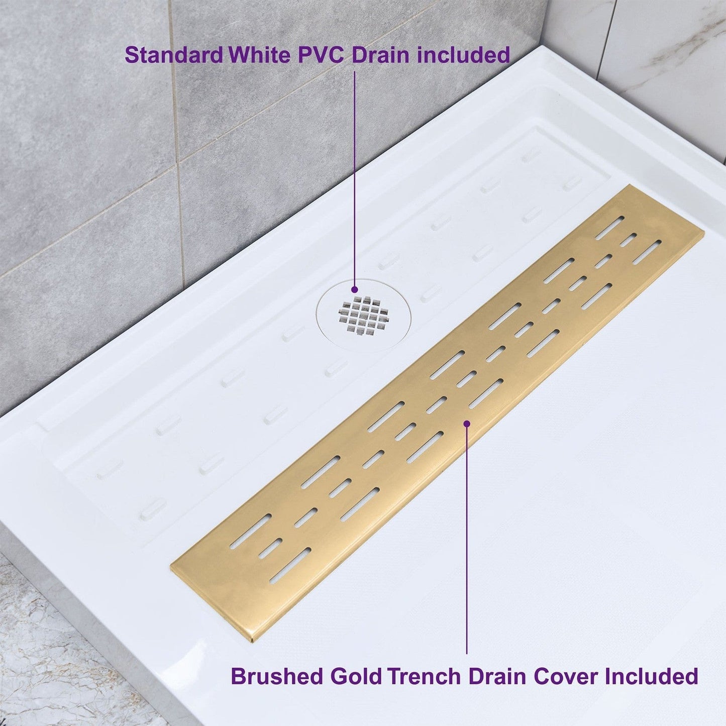 WoodBridge 60" x 32" White Solid Surface Right Drain Location Brushed Gold Trench Cover Shower Base With MBSDC6076-BG Frameless Shower Door and SWP603296-2-SU-H Matte Gray Vertical Pattern 3-Panel Shower Wall Kit