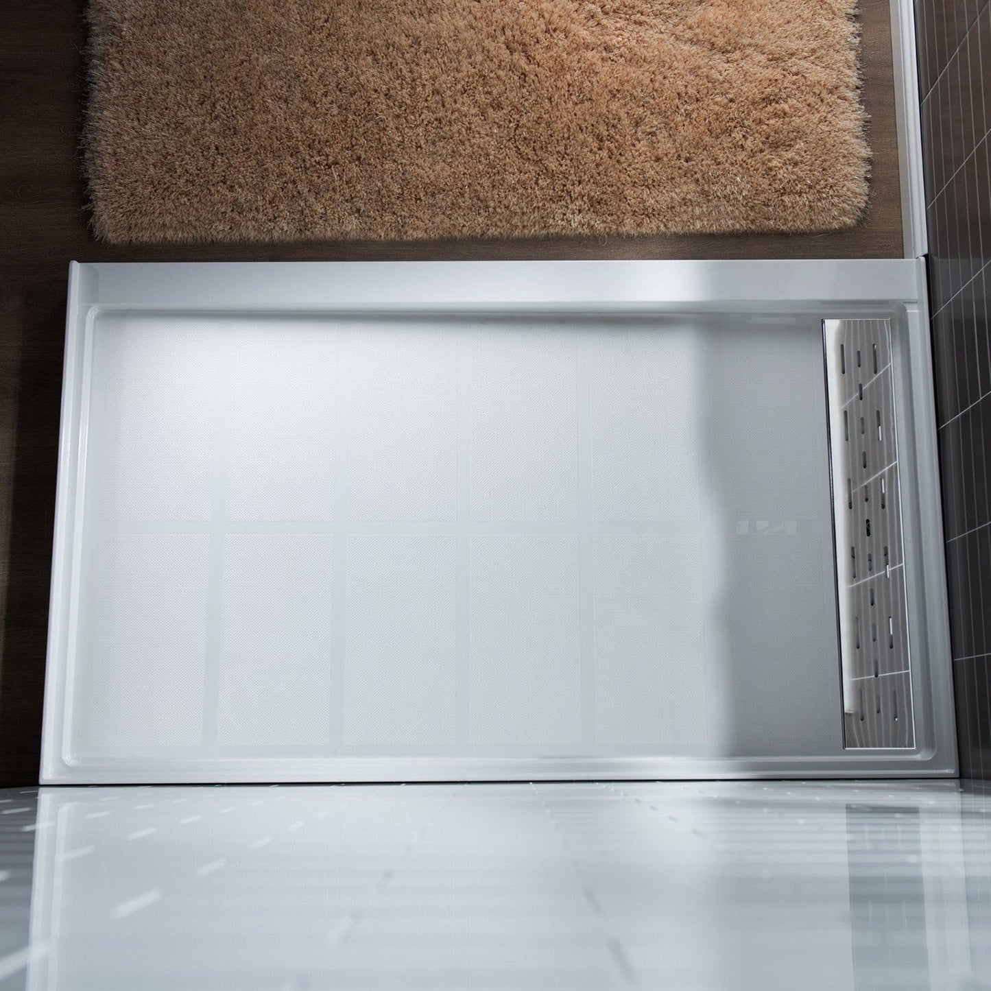 WoodBridge 60" x 32" White Solid Surface Right Drain Location Chrome Trench Cover Shower Base With SDD6062-C Double Sliding Frameless Shower Door and SWP603696-3-SB-M Matte White Vertical Pattern 3-Panel Shower Wall Kit