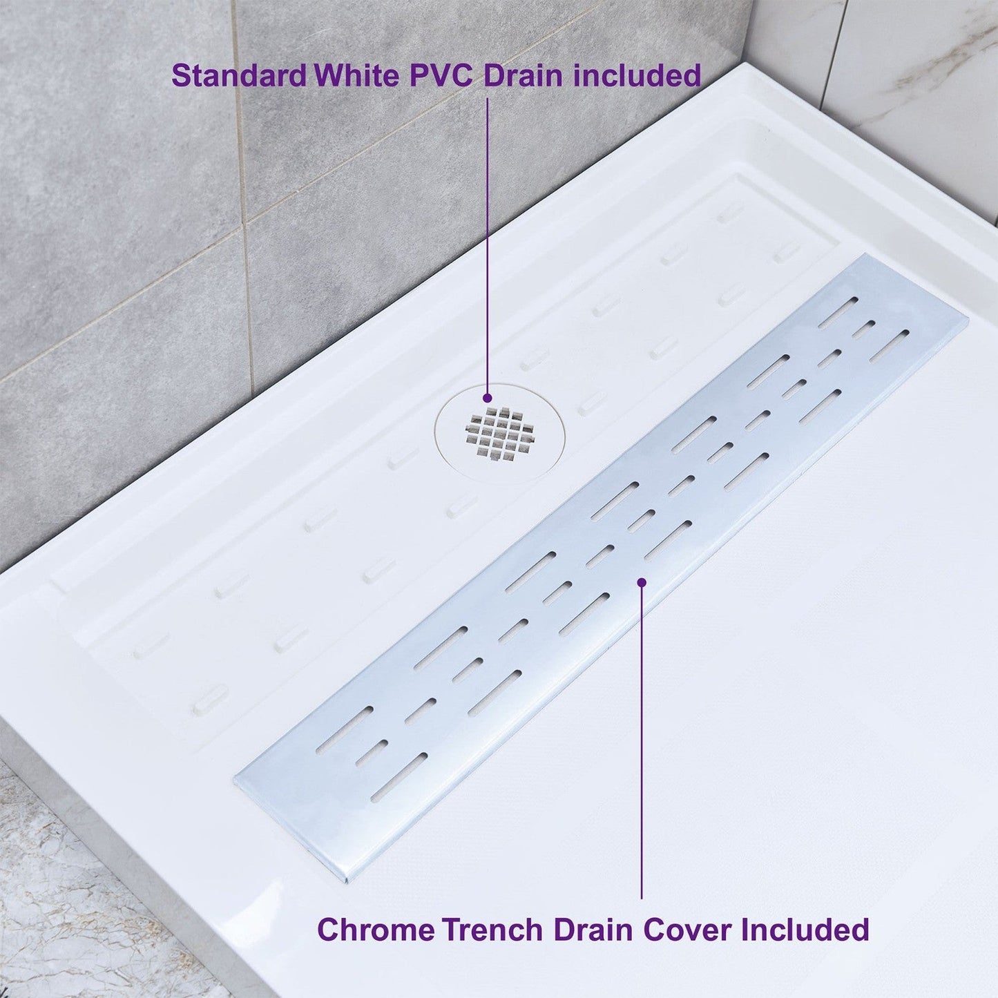 WoodBridge 60" x 32" White Solid Surface Right Drain Location Chrome Trench Drain Cover Shower Base With MBSDC6062-C Frameless Shower Door and SWP603296-2-SU-H Matte Gray Vertical Pattern 3-Panel Shower Wall Kit