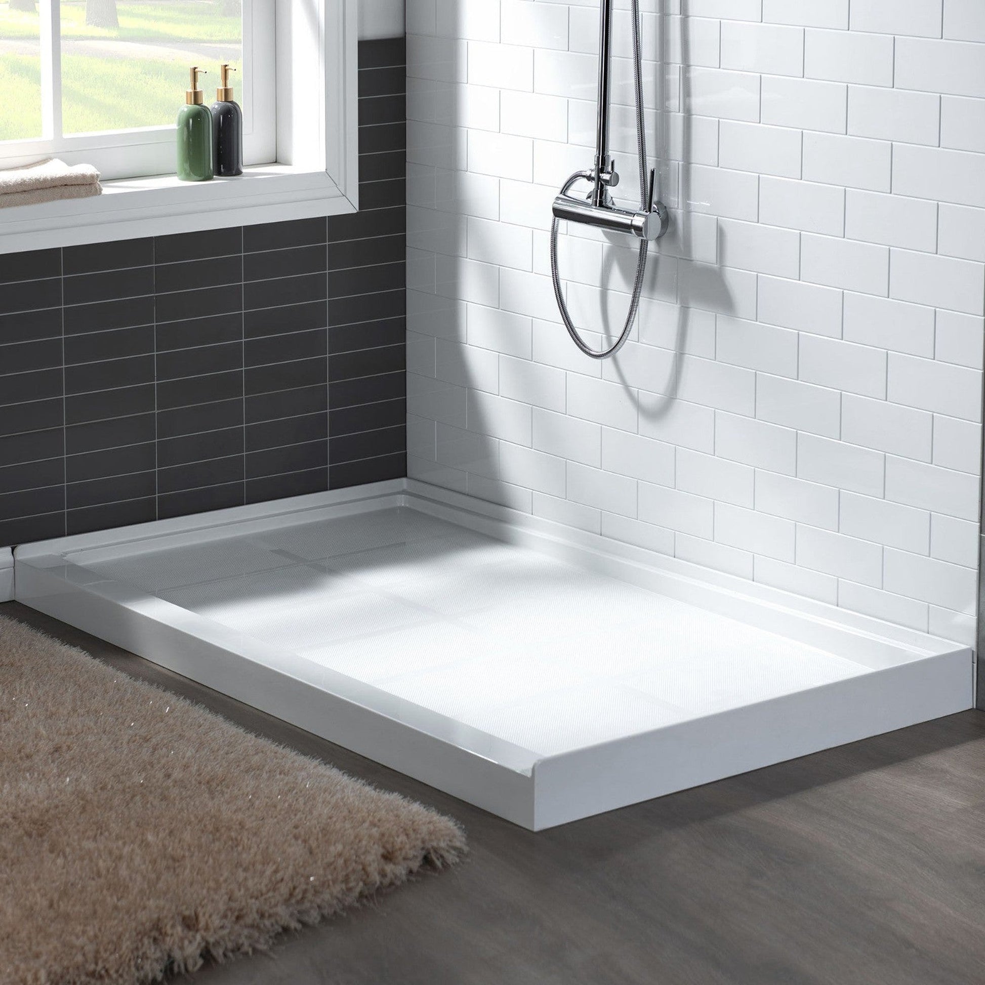 WoodBridge 60" x 32" White Solid Surface Right Drain Location Chrome Trench Drain Cover Shower Base With MBSDC6062-C Frameless Shower Door and SWP603696-2-SU-H Matte Gray Vertical Pattern 3-Panel Shower Wall Kit