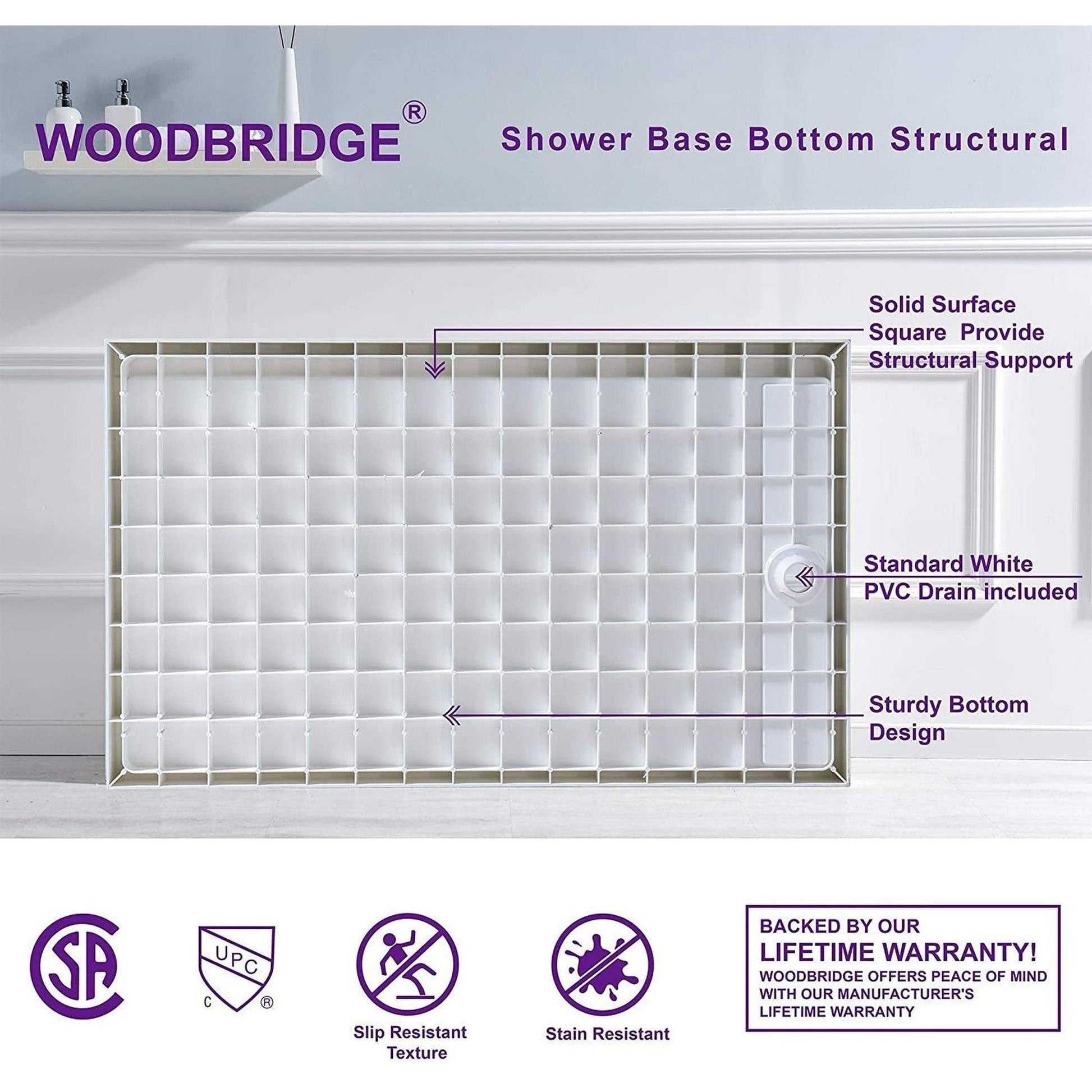 WoodBridge 60" x 32" White Solid Surface Right Drain Location Chrome Trench Drain Cover Shower Base With MBSDC6062-C Frameless Shower Door and SWP603696-2-SU-H Matte Gray Vertical Pattern 3-Panel Shower Wall Kit