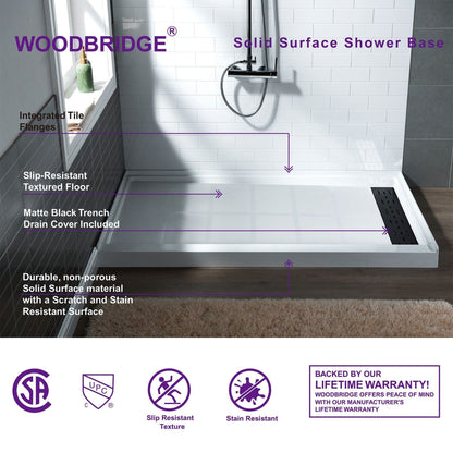 WoodBridge 60" x 32" White Solid Surface Right Drain Location Matte Black Trench Cover Shower Base With MSDC6062-MBL Frameless Shower Door and SWP603696-3-SB-M Matte White Vertical Pattern 3-Panel Shower Wall Kit
