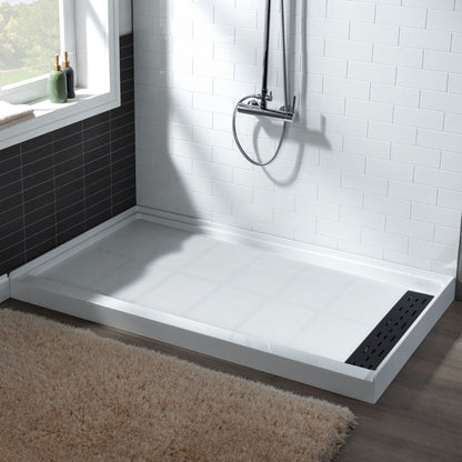 WoodBridge 60" x 32" White Solid Surface Right Drain Location Matte Black Trench Cover Shower Base With SDD6076-MBL Double Sliding Frameless Shower Door and SWP603296-2-SU-H Matte Gray Vertical Pattern 3-Panel Shower Wall Kit