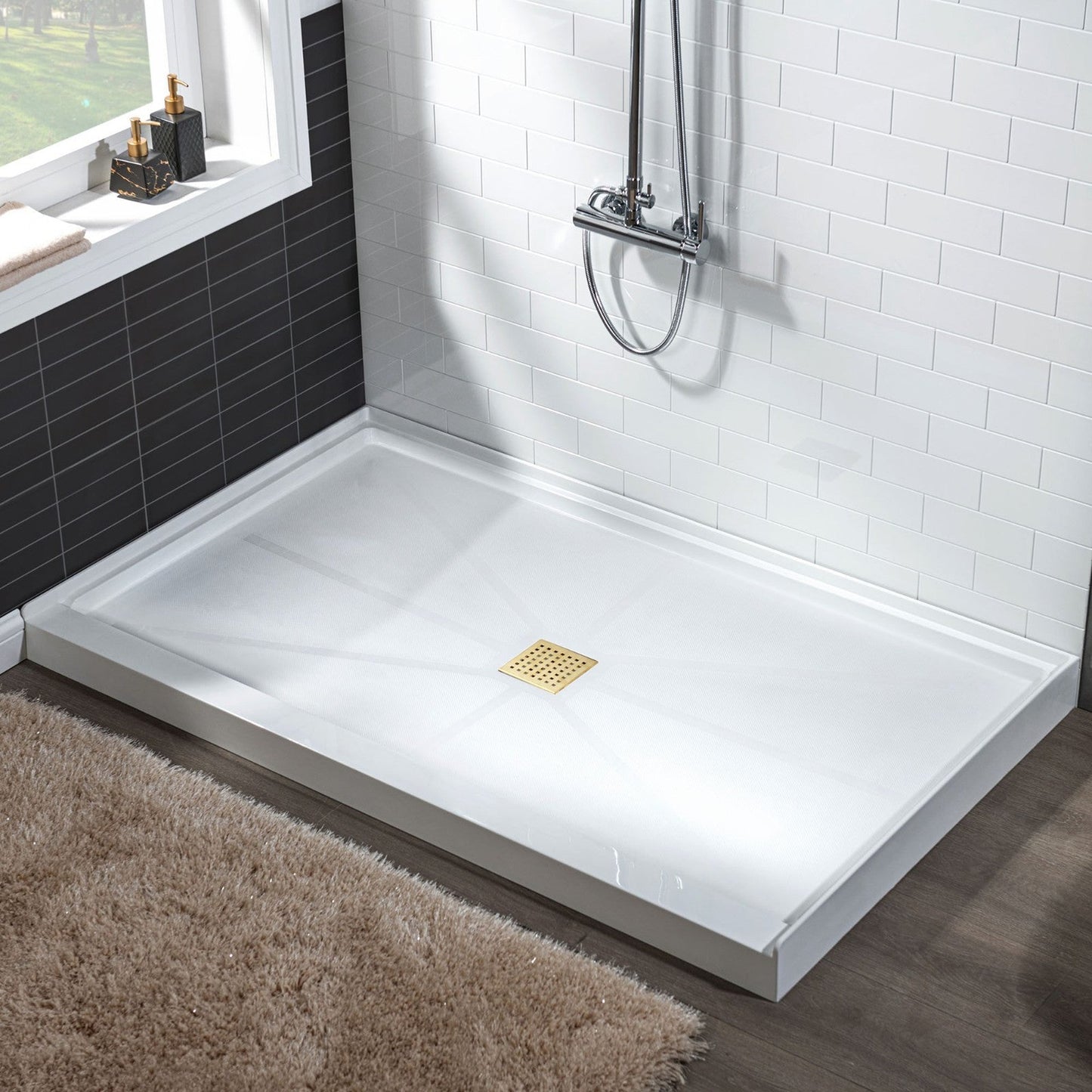 WoodBridge 60" x 32" White Solid Surface Shower Base Center Drain Location With Brushed Gold Trench Drain Cover