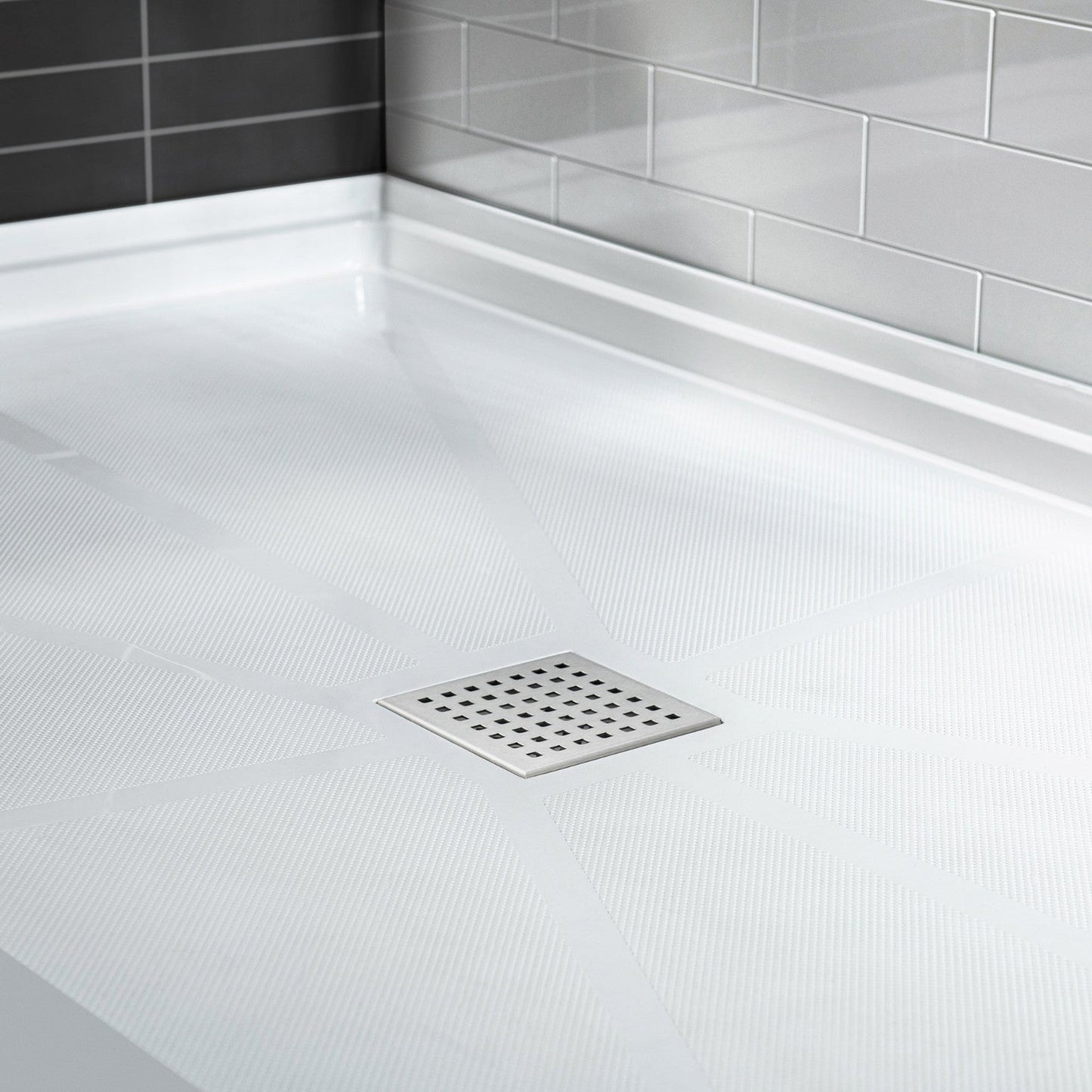 WoodBridge 60" x 32" White Solid Surface Shower Base Center Drain Location With Brushed Nickel Trench Drain Cover