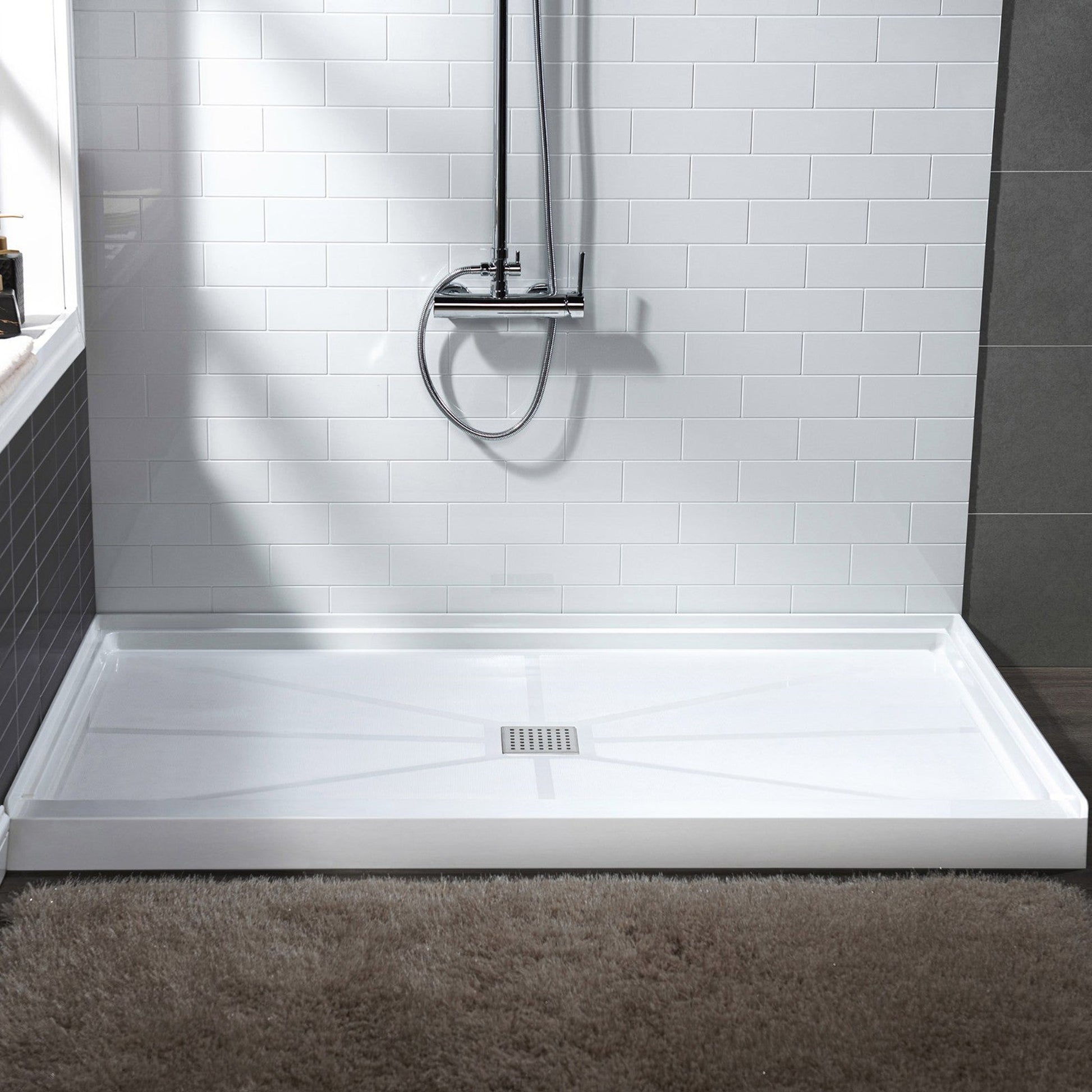 WoodBridge 60" x 32" White Solid Surface Shower Base Center Drain Location With Brushed Nickel Trench Drain Cover