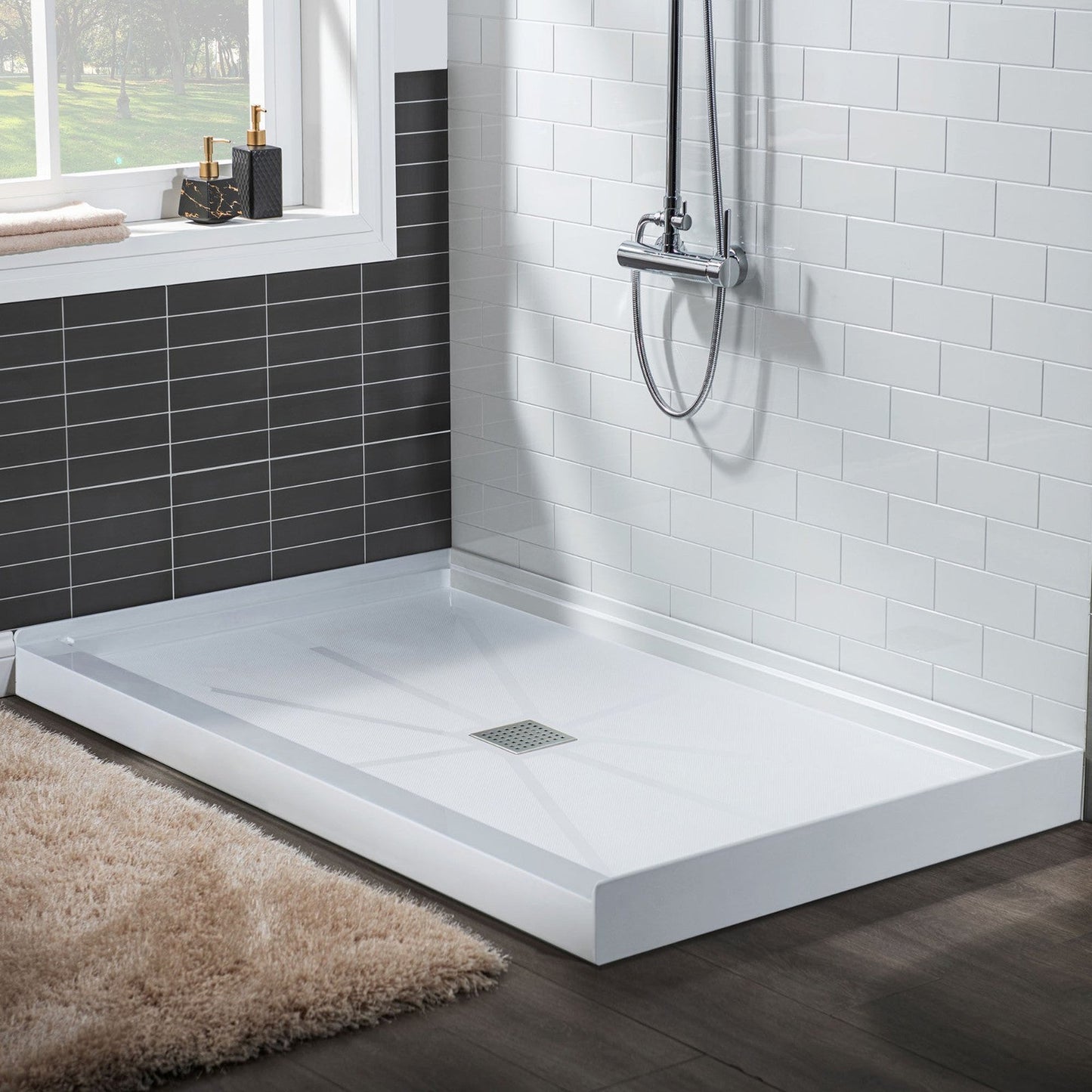 WoodBridge 60" x 32" White Solid Surface Shower Base Center Drain Location With Brushed Nickel Trench Drain Cover