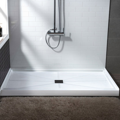 WoodBridge 60" x 32" White Solid Surface Shower Base Center Drain Location With Matte Black Trench Drain Cover