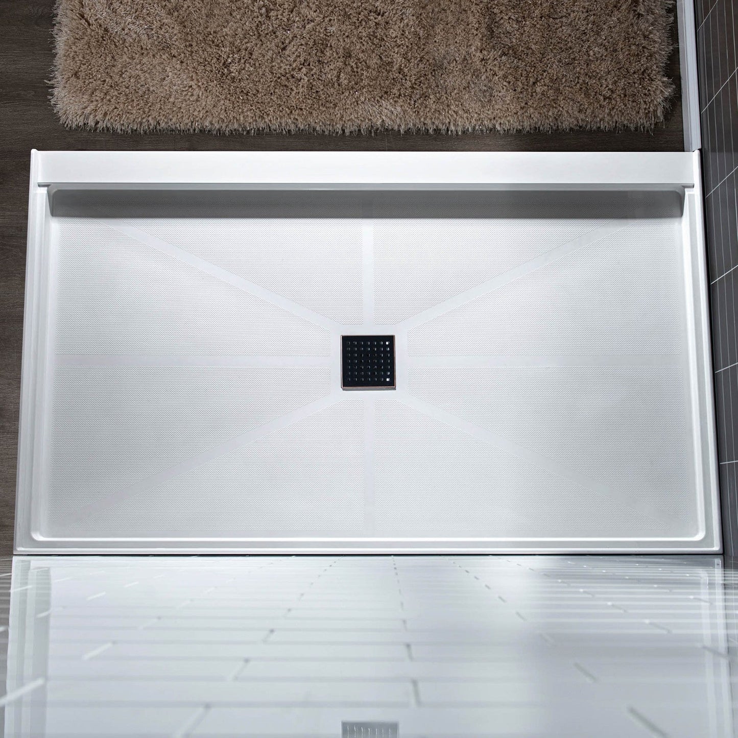 WoodBridge 60" x 32" White Solid Surface Shower Base Center Drain Location With Oil Rubbed Bronze Trench Drain Cover