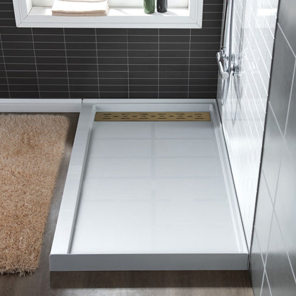 WoodBridge 60" x 32" White Solid Surface Shower Base Left Drain Location With Brushed Gold Trench Drain Cover