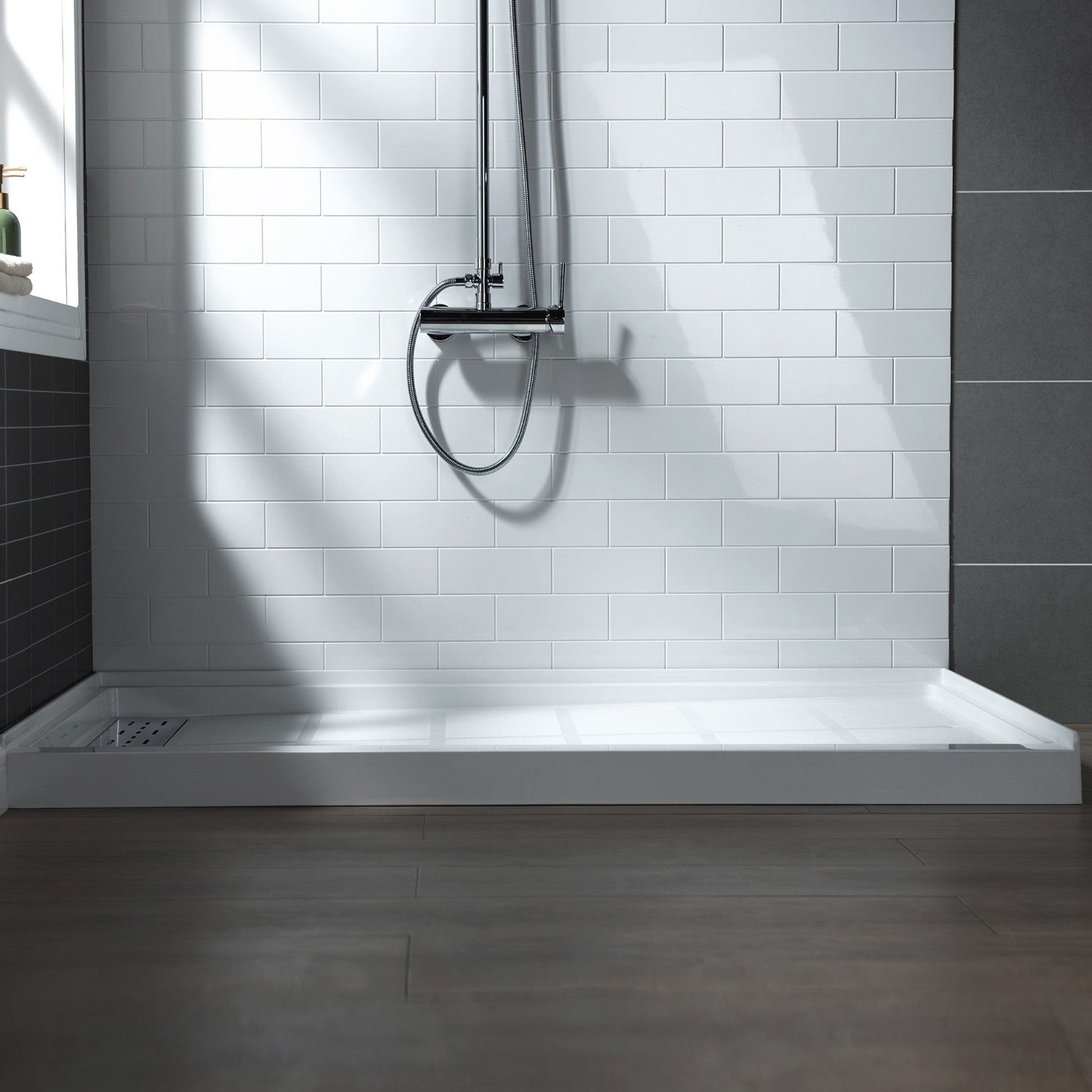 WoodBridge 60" x 32" White Solid Surface Shower Base Left Drain Location With Brushed Nickel Trench Drain Cover