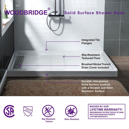 WoodBridge 60" x 32" White Solid Surface Shower Base Left Drain Location With Brushed Nickel Trench Drain Cover