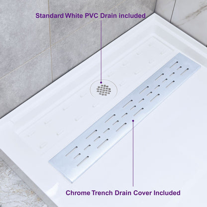 WoodBridge 60" x 32" White Solid Surface Shower Base Left Drain Location With Chrome Trench Drain Cover