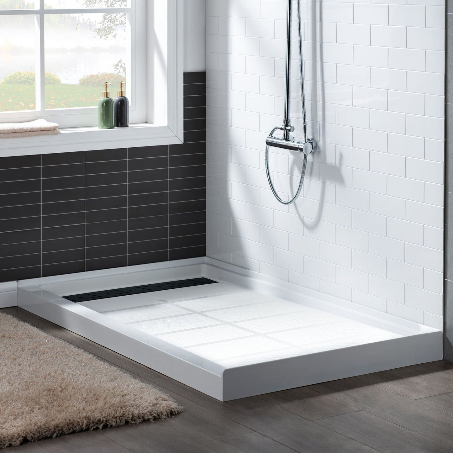 WoodBridge 60" x 32" White Solid Surface Shower Base Left Drain Location With Matte Black Trench Drain Cover